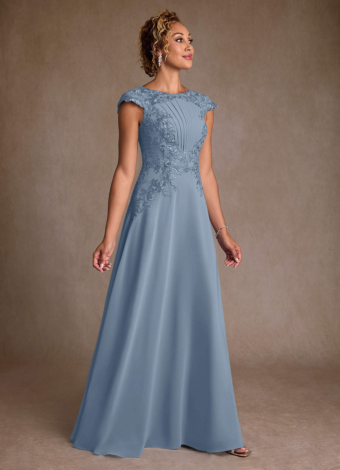Christi A-Line Scoop-Neck Chiffon and Lace Mother of the Bride Dress in dusty blue
