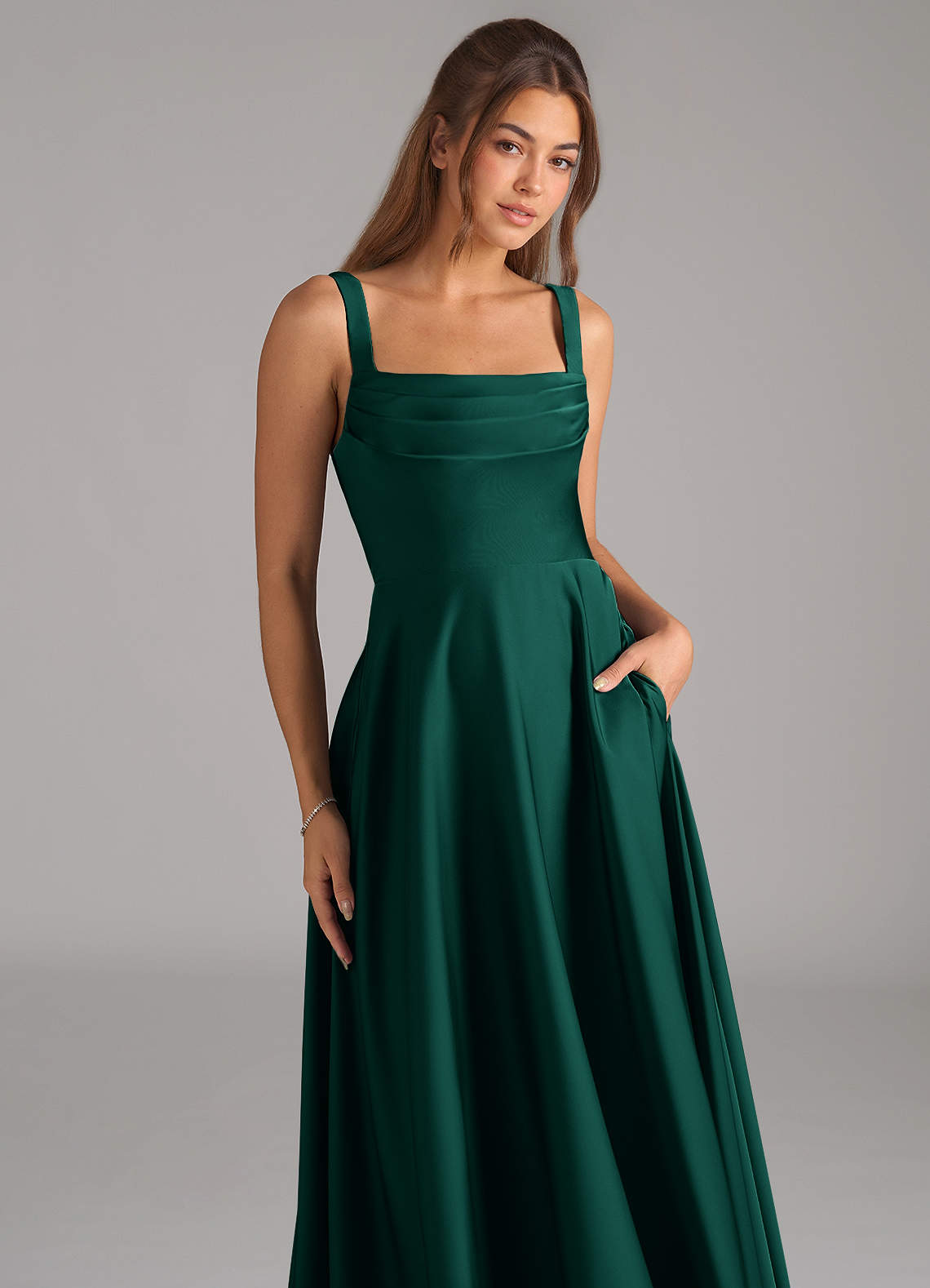 Shaude A-Line Square-Neck Stretch Satin Bridesmaid Dress in Emerald