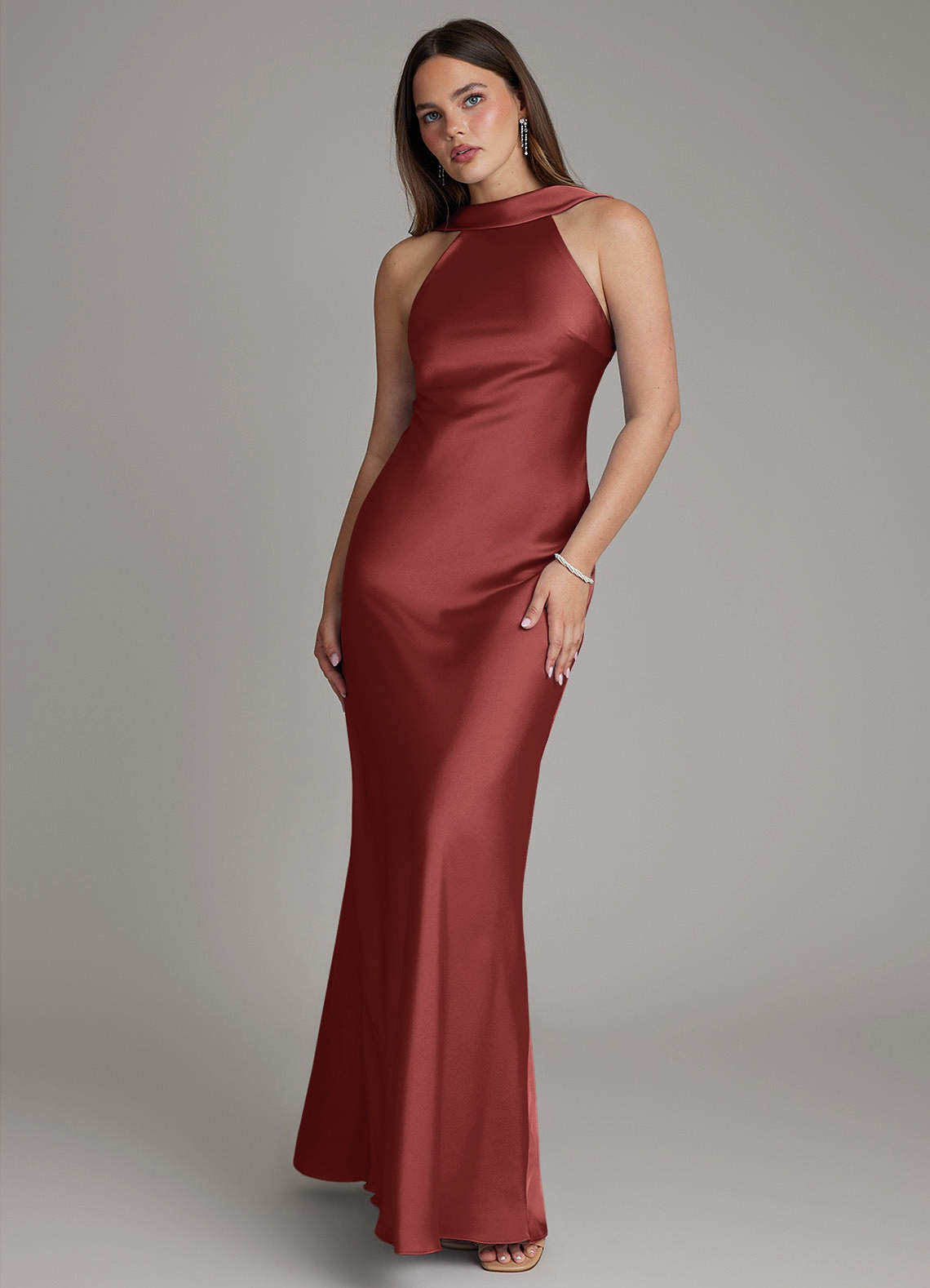 Dimitra Sheath Halter Stretch Satin Bridesmaid Dress in Terracotta