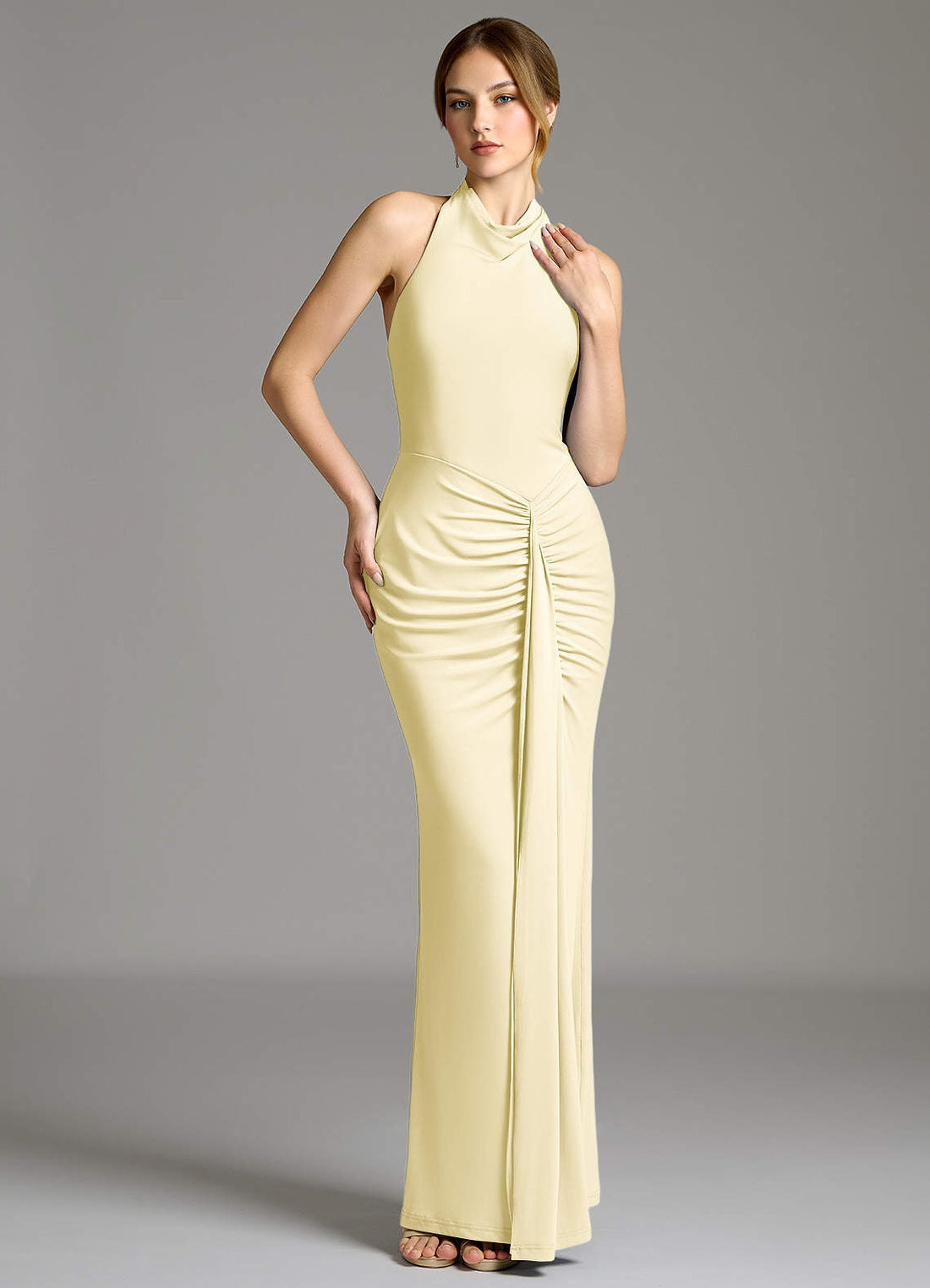 Raevynn Mermaid Halter Stretch Jersey Bridesmaid Dress in Lemon Sorbet