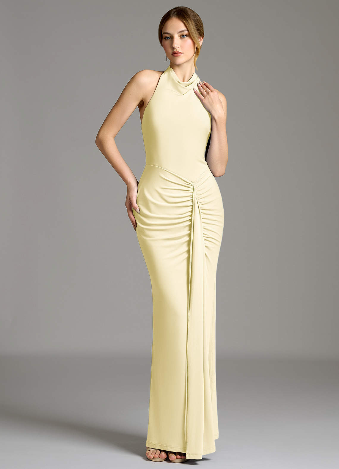 Raevynn Mermaid Halter Stretch Jersey Bridesmaid Dress in Lemon Sorbet