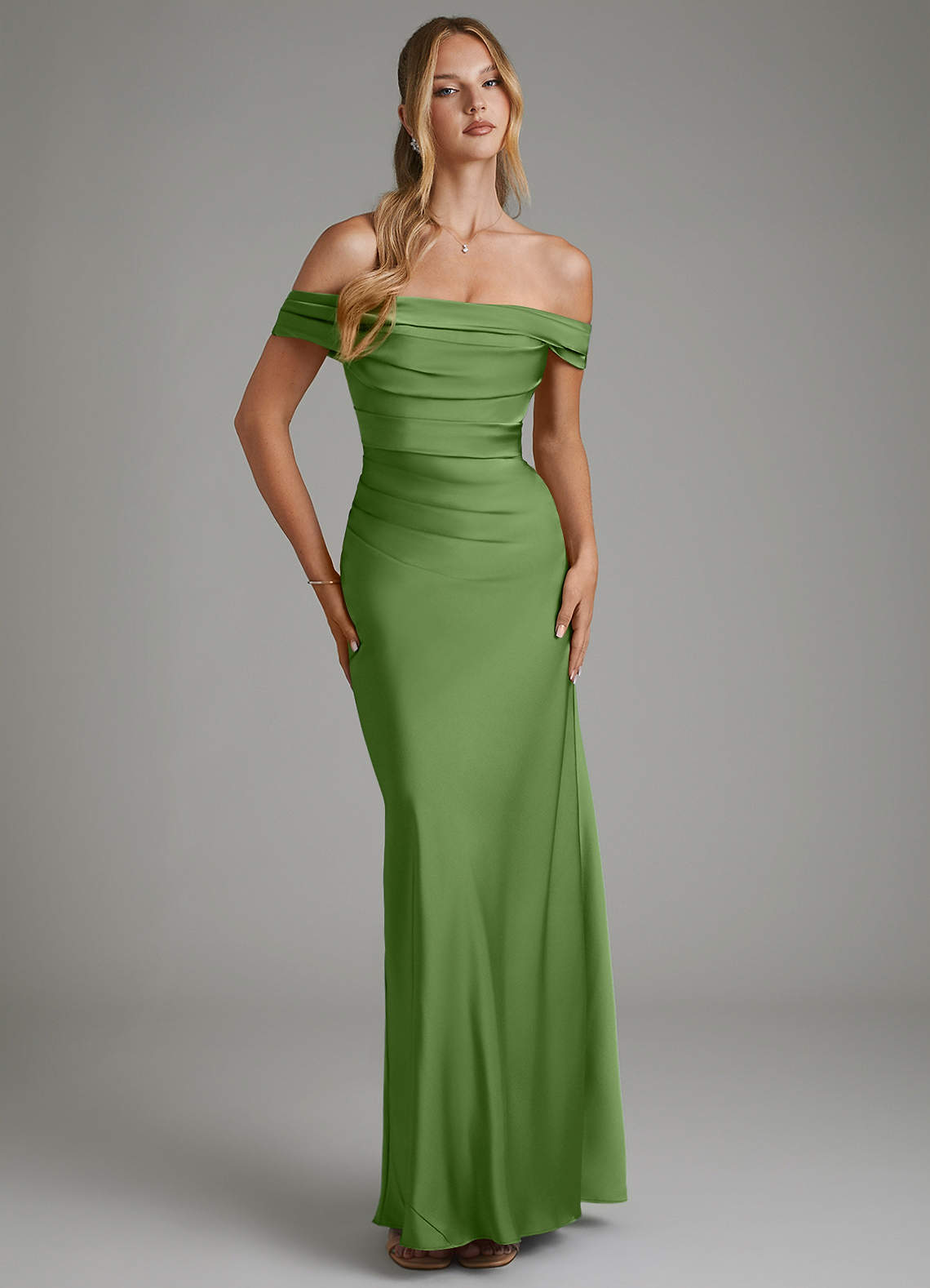 Hayden Mermaid Off-the-Shoulder Stretch Satin Bridesmaid Dress in Basil