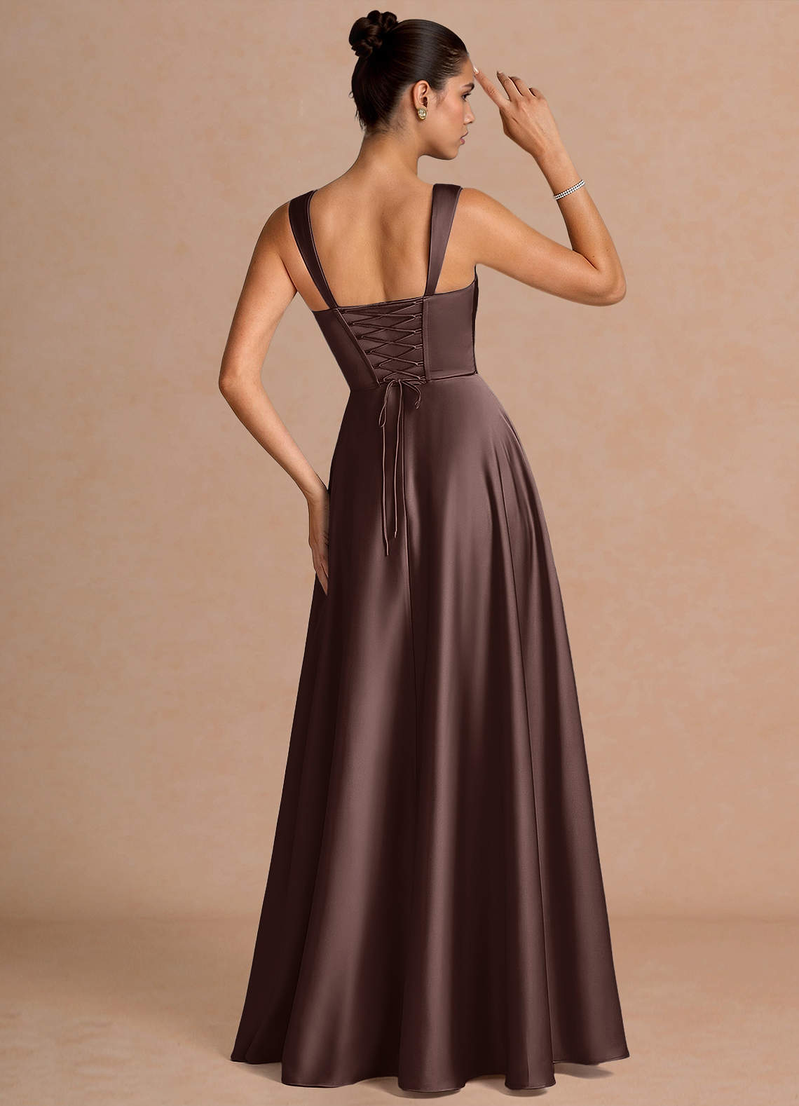 Azaria A-Line Square-Neck Stretch Satin Wedding Guest Dress in Truffle