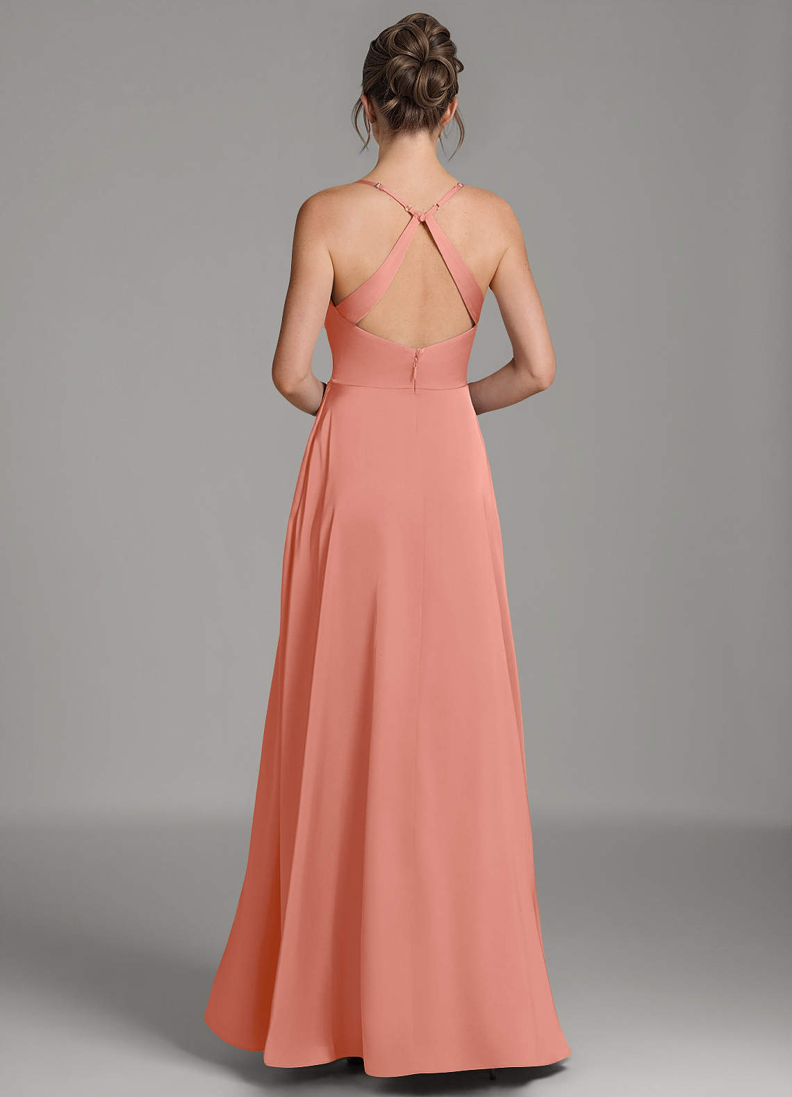 Frankie A-Line Scoop-Neck Stretch Satin Bridesmaid Dress in Salmon Pink