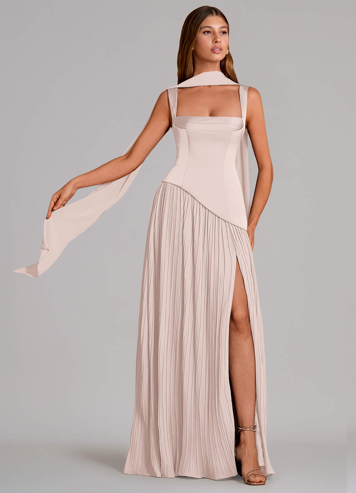Stephanie A-Line Square-Neck Stretch Satin and Chiffon Bridesmaid Dress in Blushing Pink