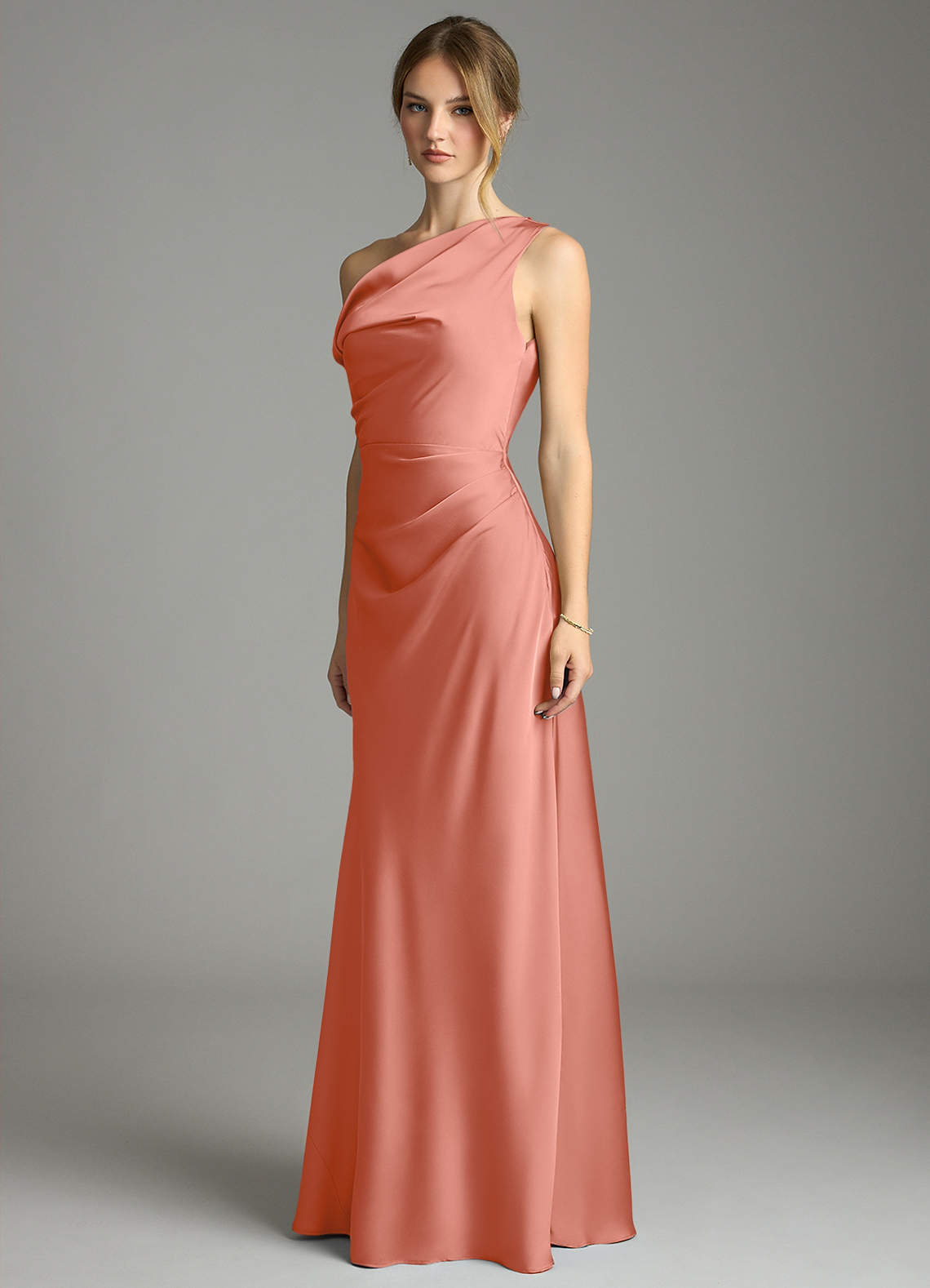 Emerson Mermaid One-Shoulder Stretch Satin Bridesmaid Dress in Salmon Pink