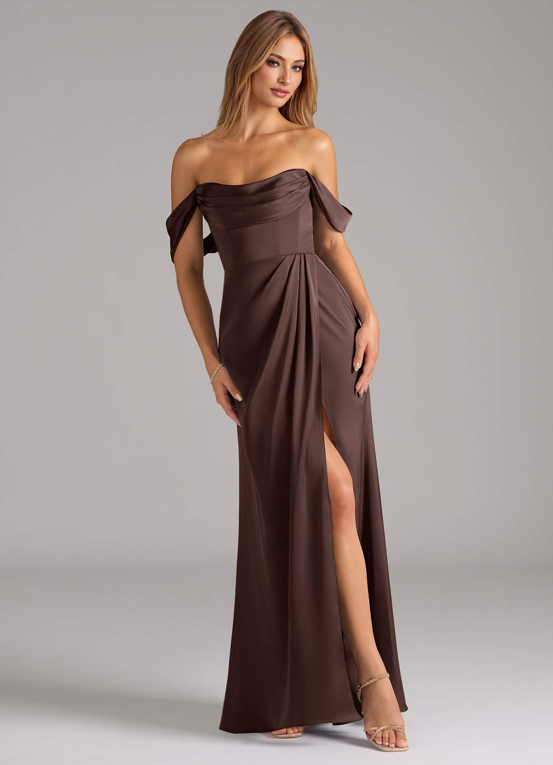 Johana Mermaid Off-the-Shoulder Stretch Satin Bridesmaid Dress in Ganache