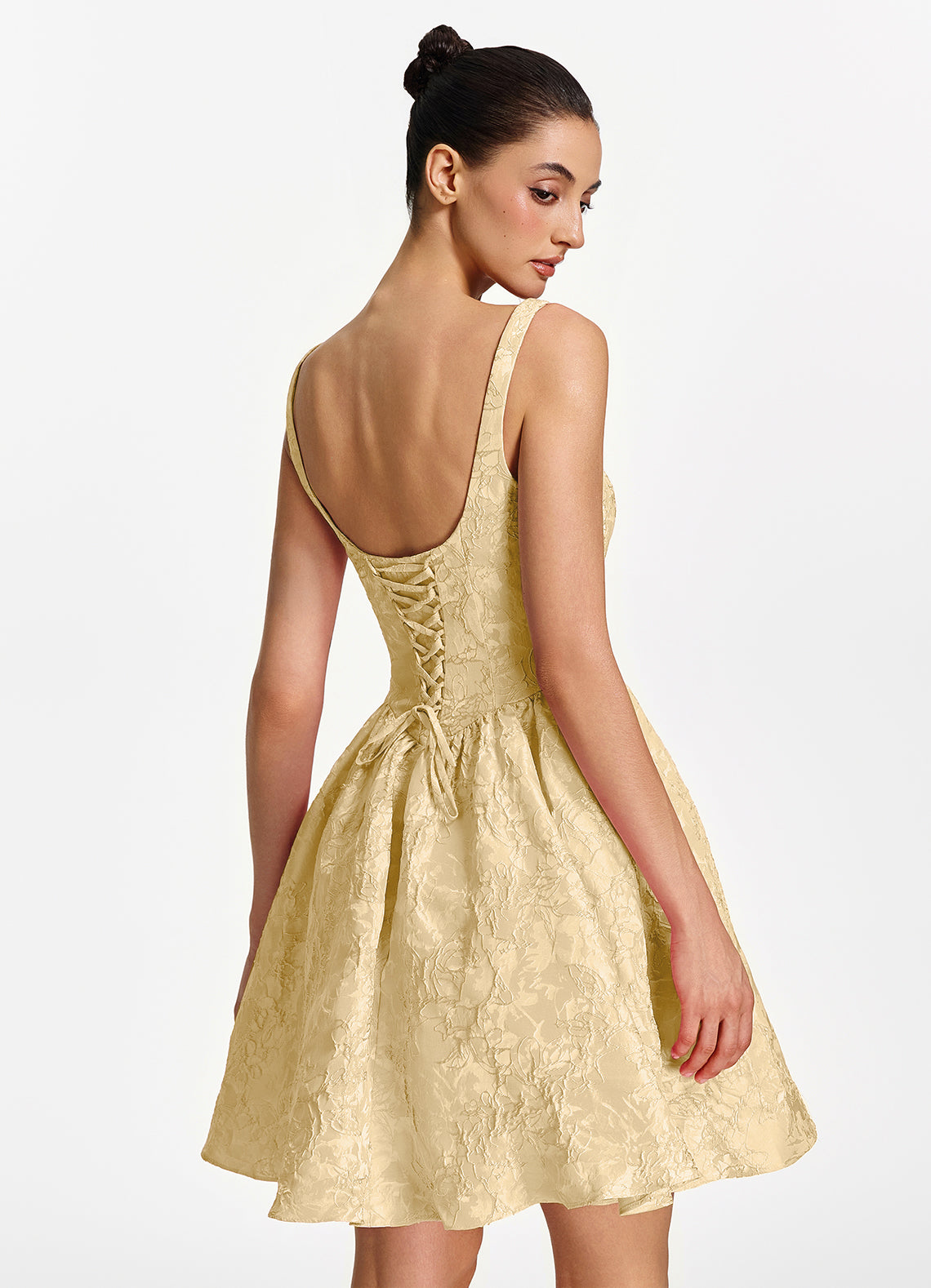 Lionelle Skater Mini Square-Neck Jacquard Prom Dress in Orange - photo 2