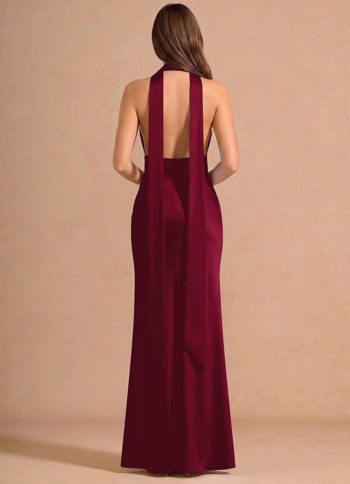 Linnea A-Line V-Neck Stretch Satin Evening Dress in Merlot