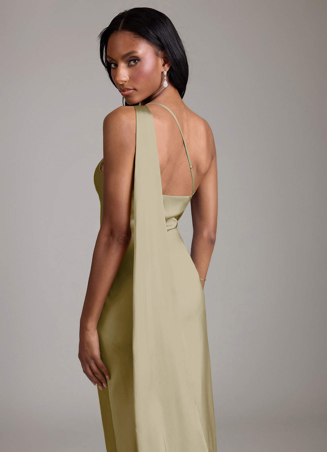 Juniper Mermaid One-Shoulder Stretch Satin Bridesmaid Dress in Moss Green