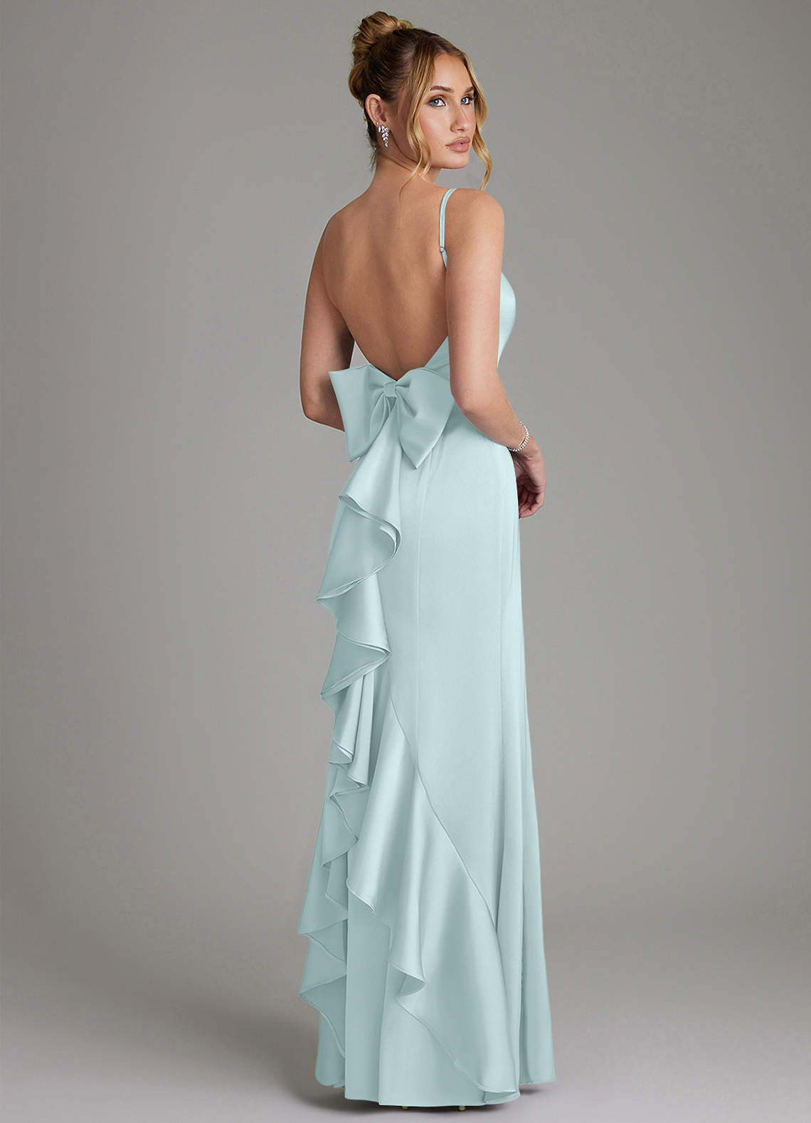 Zherra Mermaid Scoop-Neck Stretch Satin Bridesmaid Dress in Sea Glass