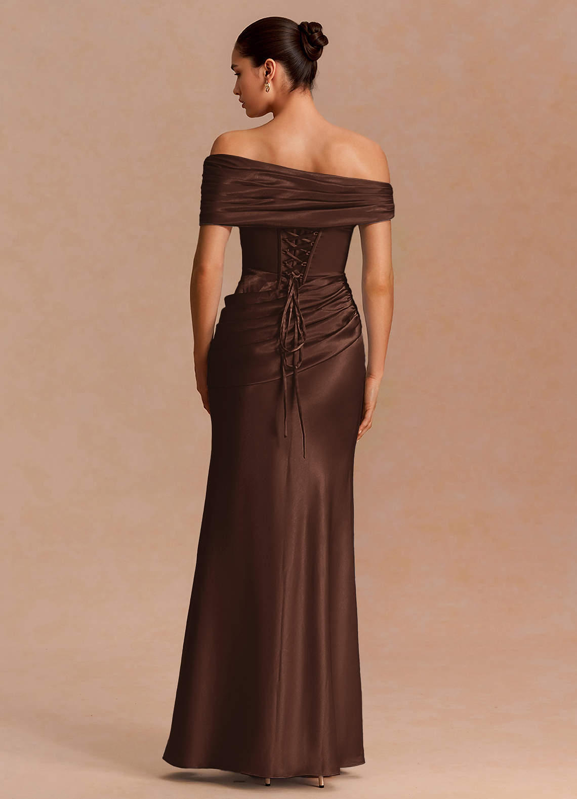 Leonie Strapless Draped-Shoulder Satin Evening Dress in ganache