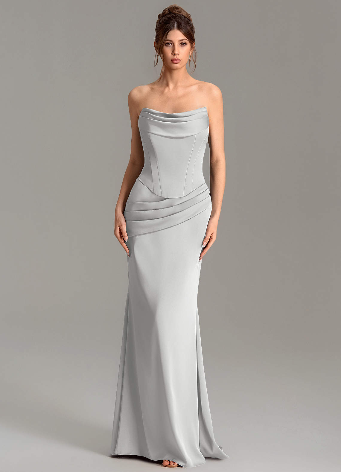Adrienne Mermaid Cowl-Neck Stretch Satin Bridesmaid Dress in Silver