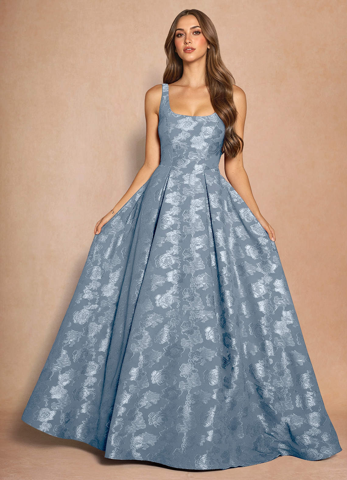 Briac A-Line Scoop-Neck Fil Coupé Evening Dress in Dusty Blue