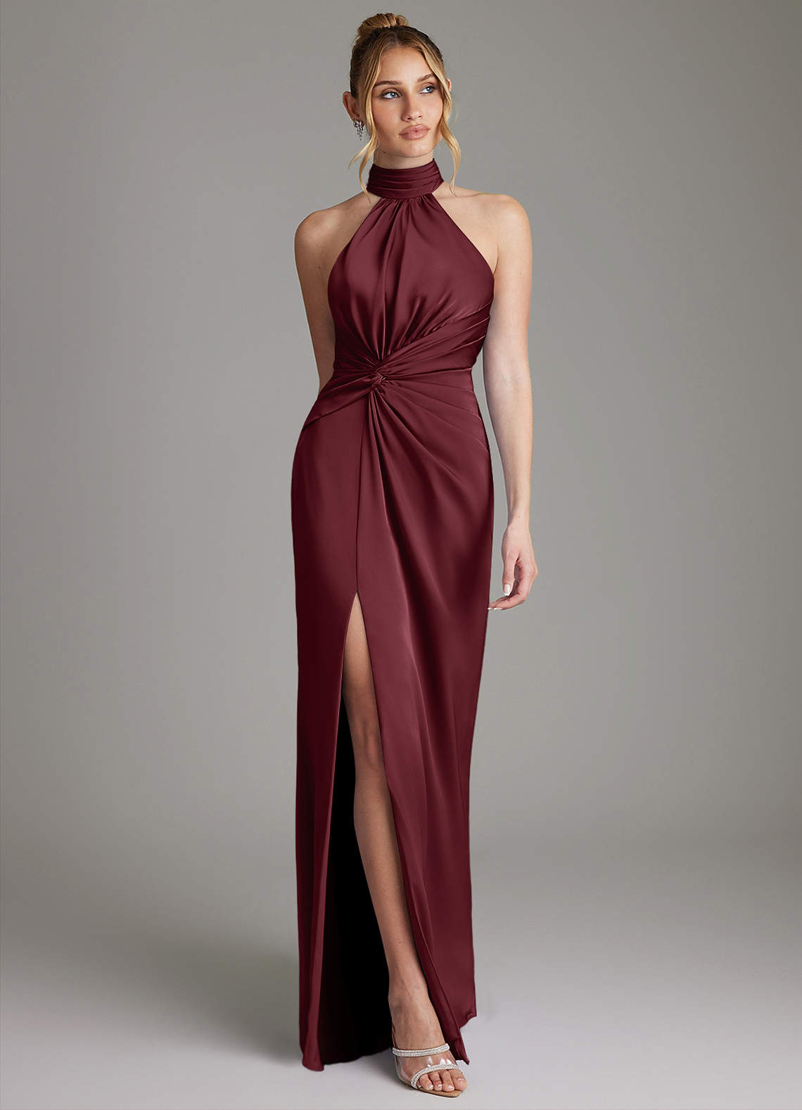 Gracelynn Sheath Halter Stretch Satin Bridesmaid Dress in Cabernet