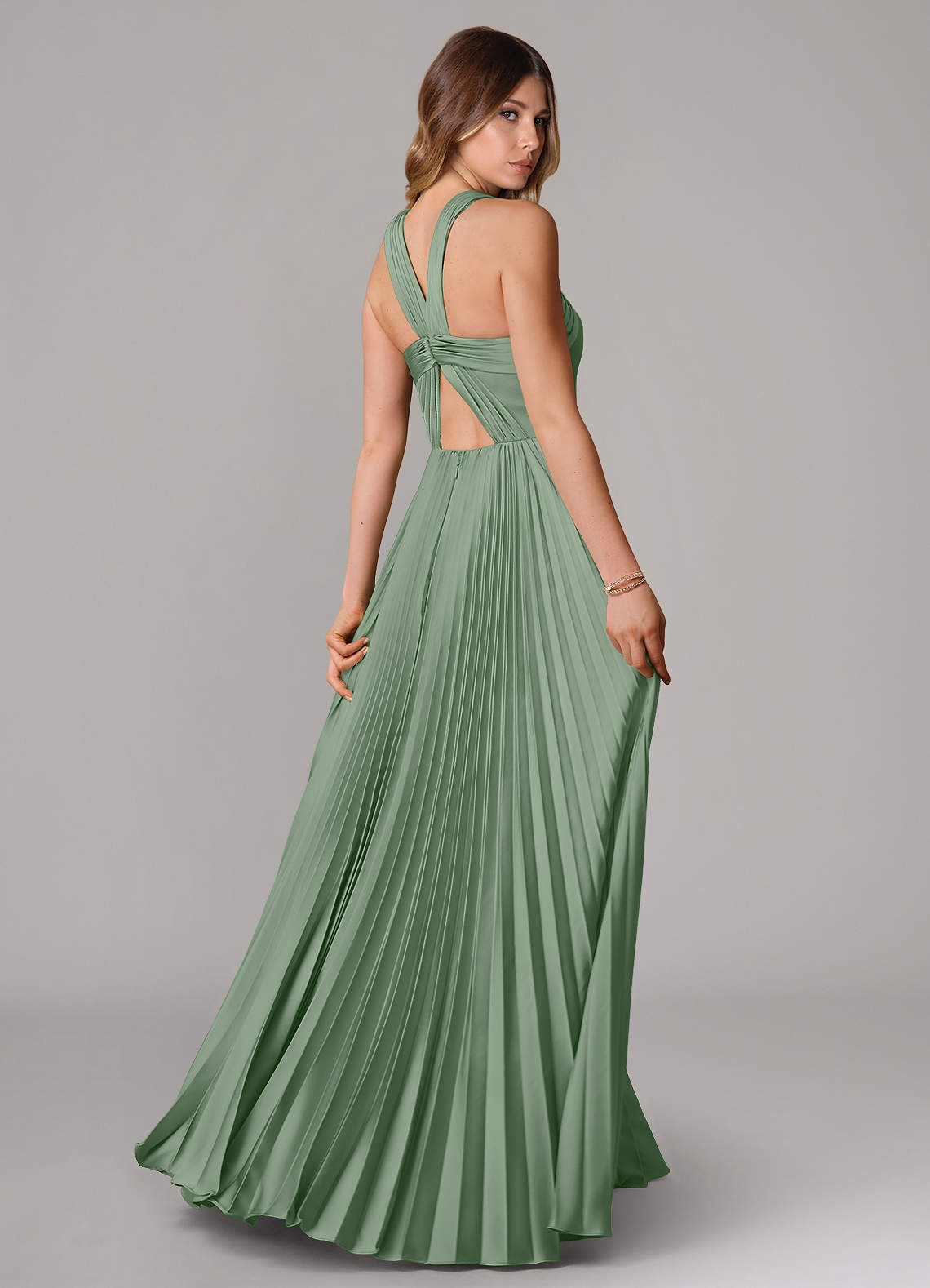 Afra A-Line Halter-Neck Stretch Satin Bridesmaid Dress in Matcha