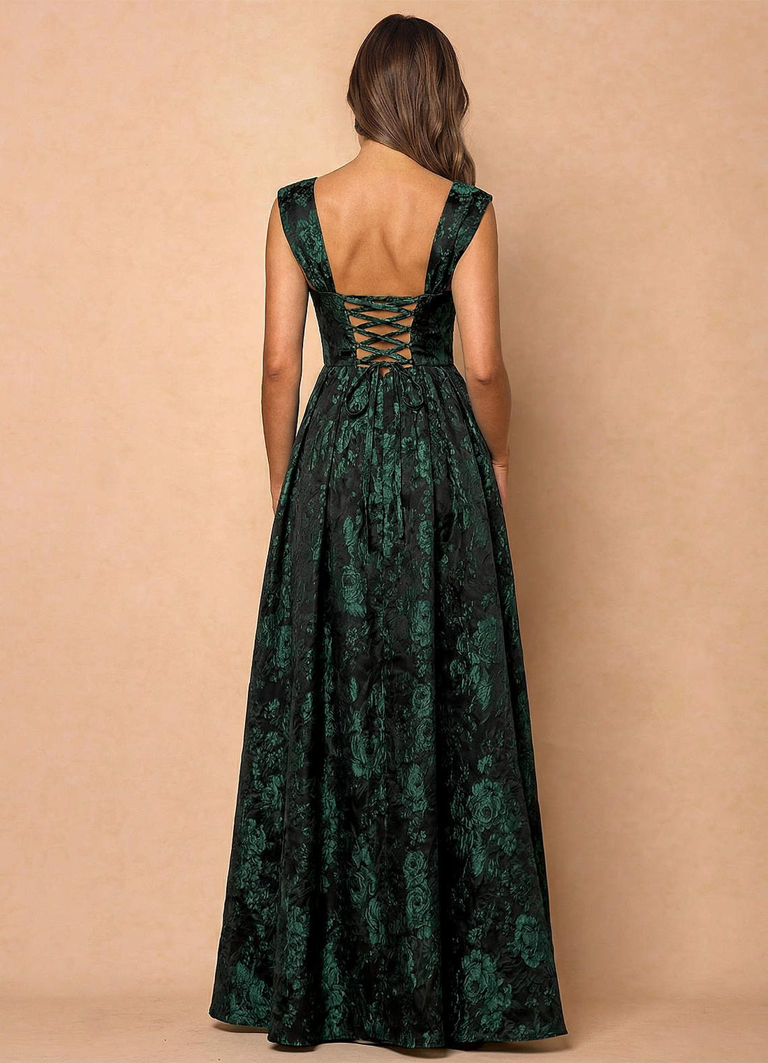 Runa Ball Gown Pleated Jacquard Taffeta Evening Dress in Emerald Black