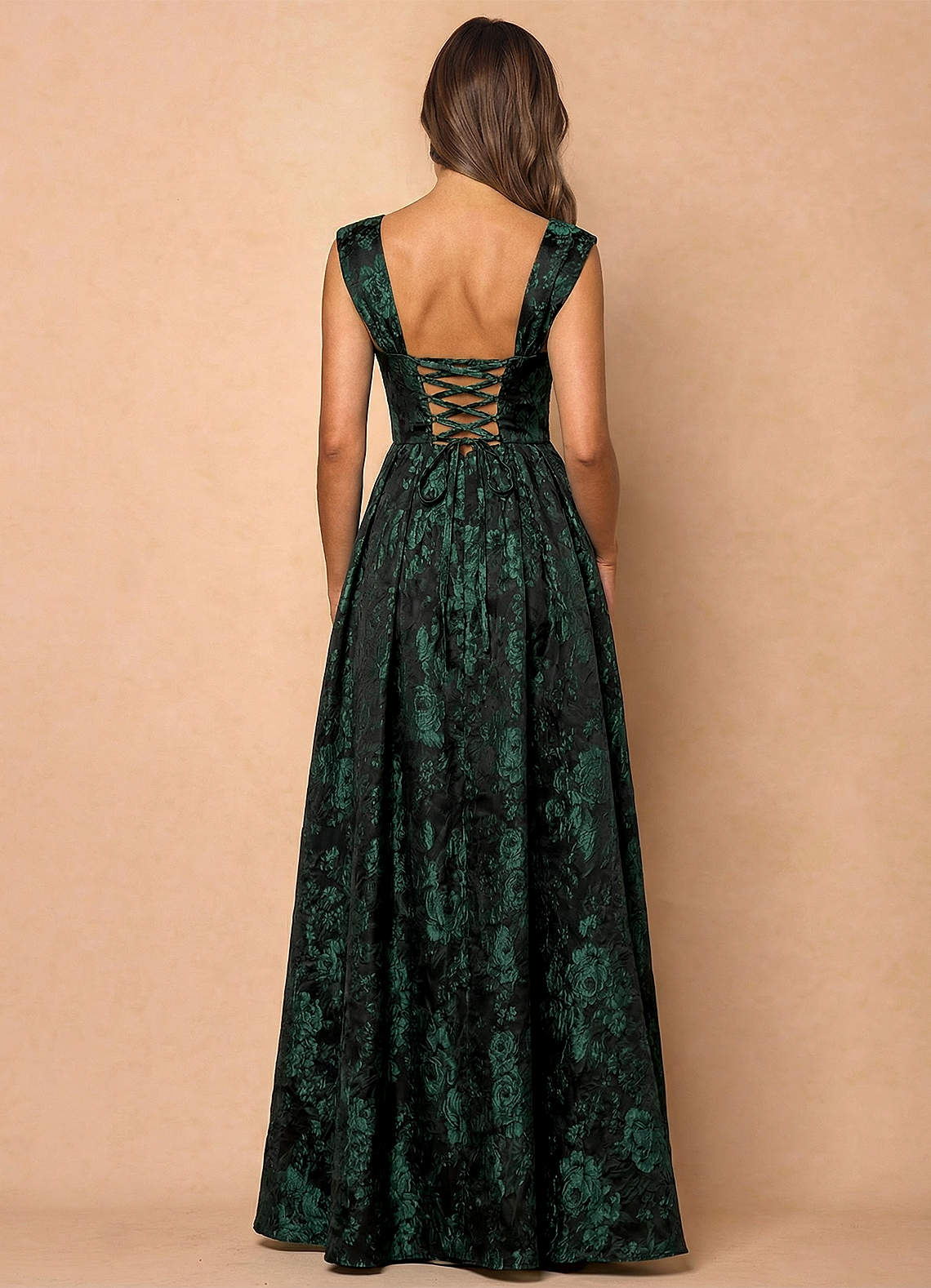 Runa Ball Gown Pleated Jacquard Taffeta Evening Dress in Emerald Black