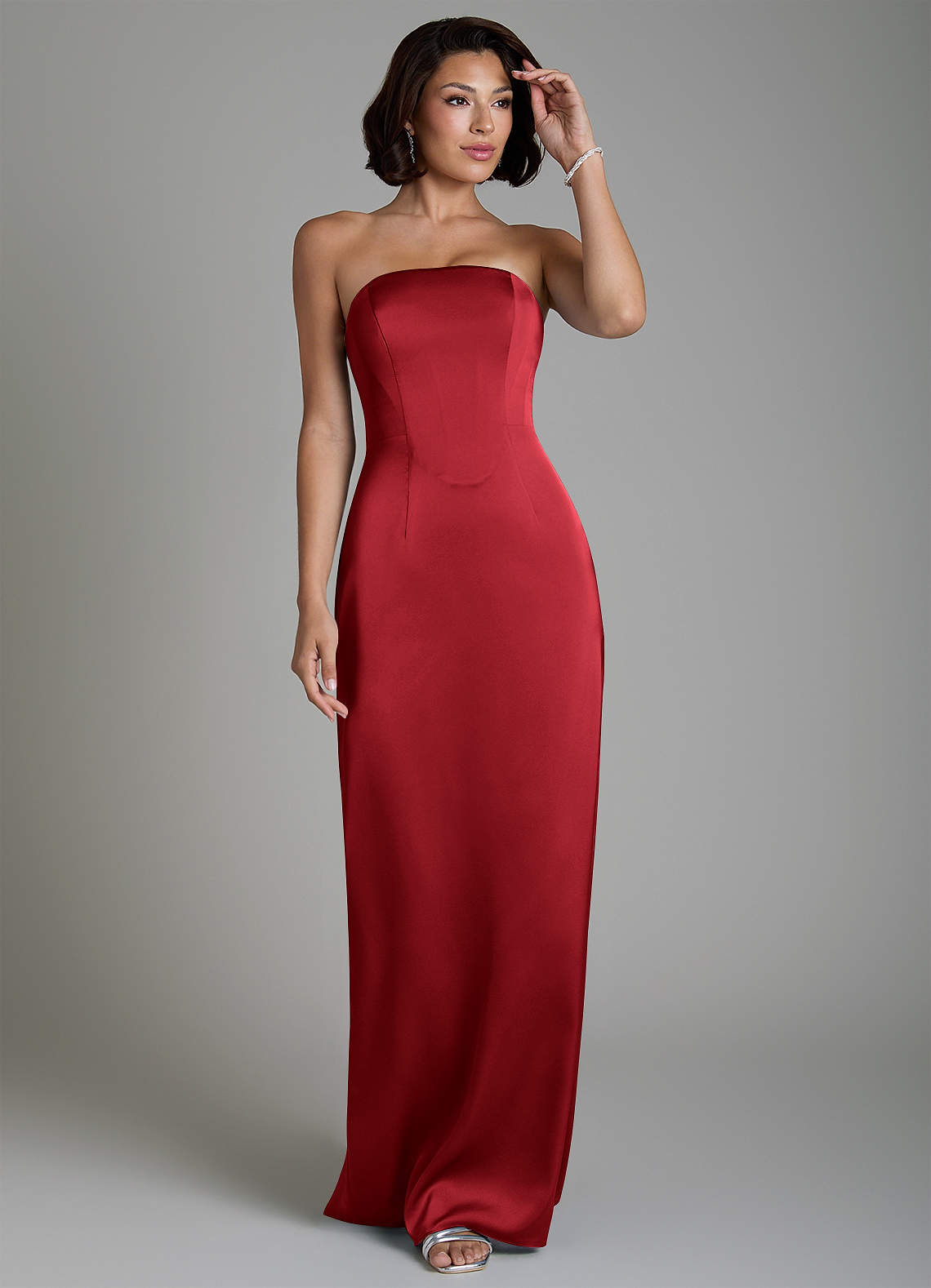 Fallyn Sheath Strapless Stretch Satin Bridesmaid Dress in Scarlet