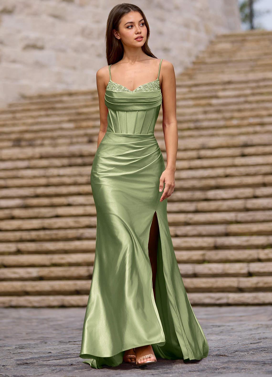 Glow Strapless Corset Slit Stretch Satin Evening Dress in black