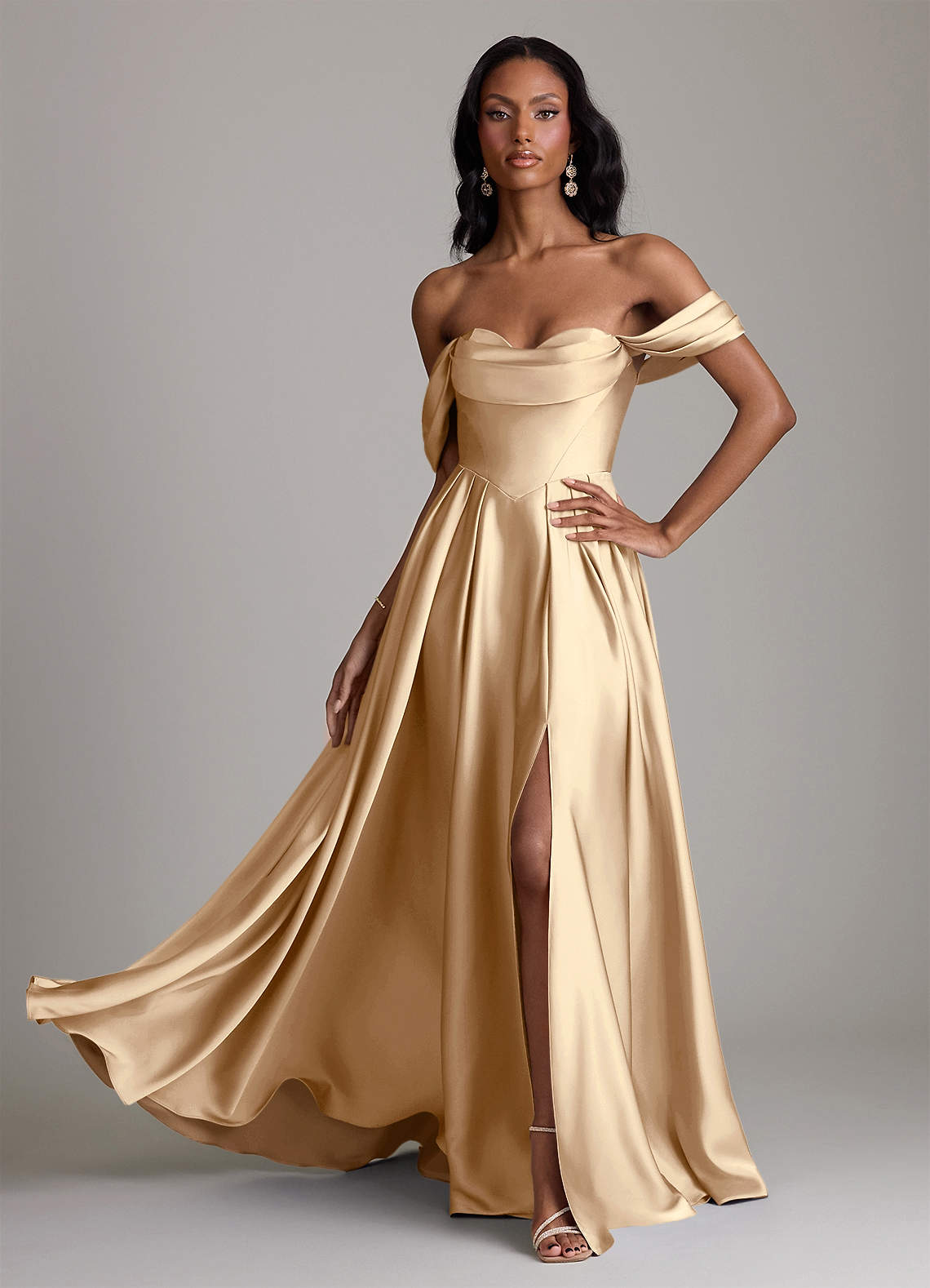 Loisa A-Line Off-the-Shoulder Stretch Satin Bridesmaid Dress in Champagne