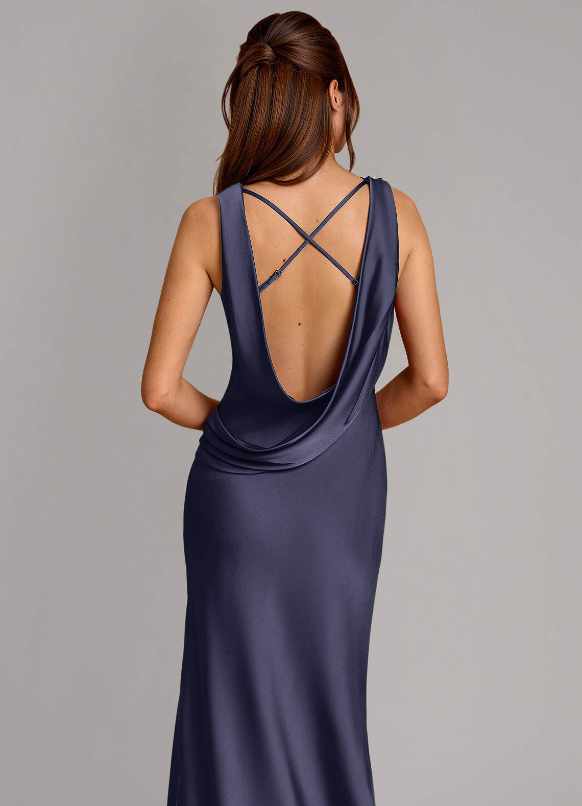 Cheryl Mermaid Cowl-Neck Stretch Satin Bridesmaid Dress in Stormy