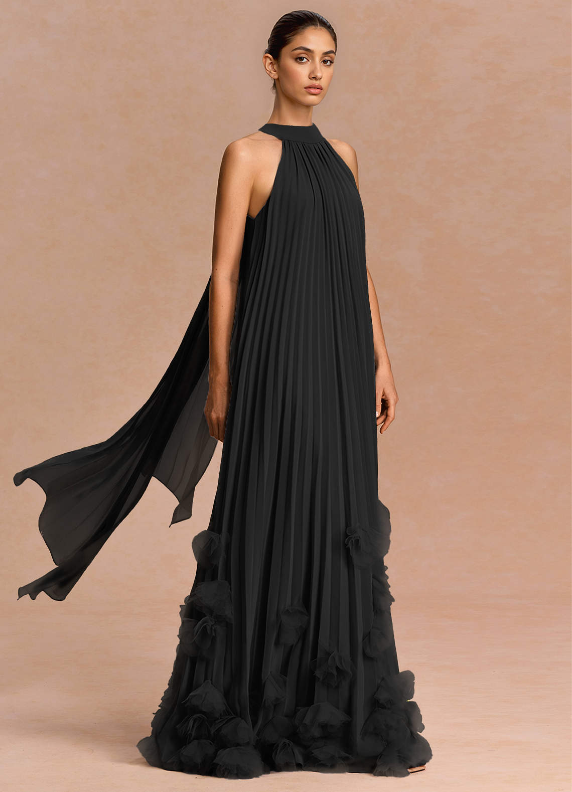 Lucette A-Line Halter Chiffon Evening Dress in black
