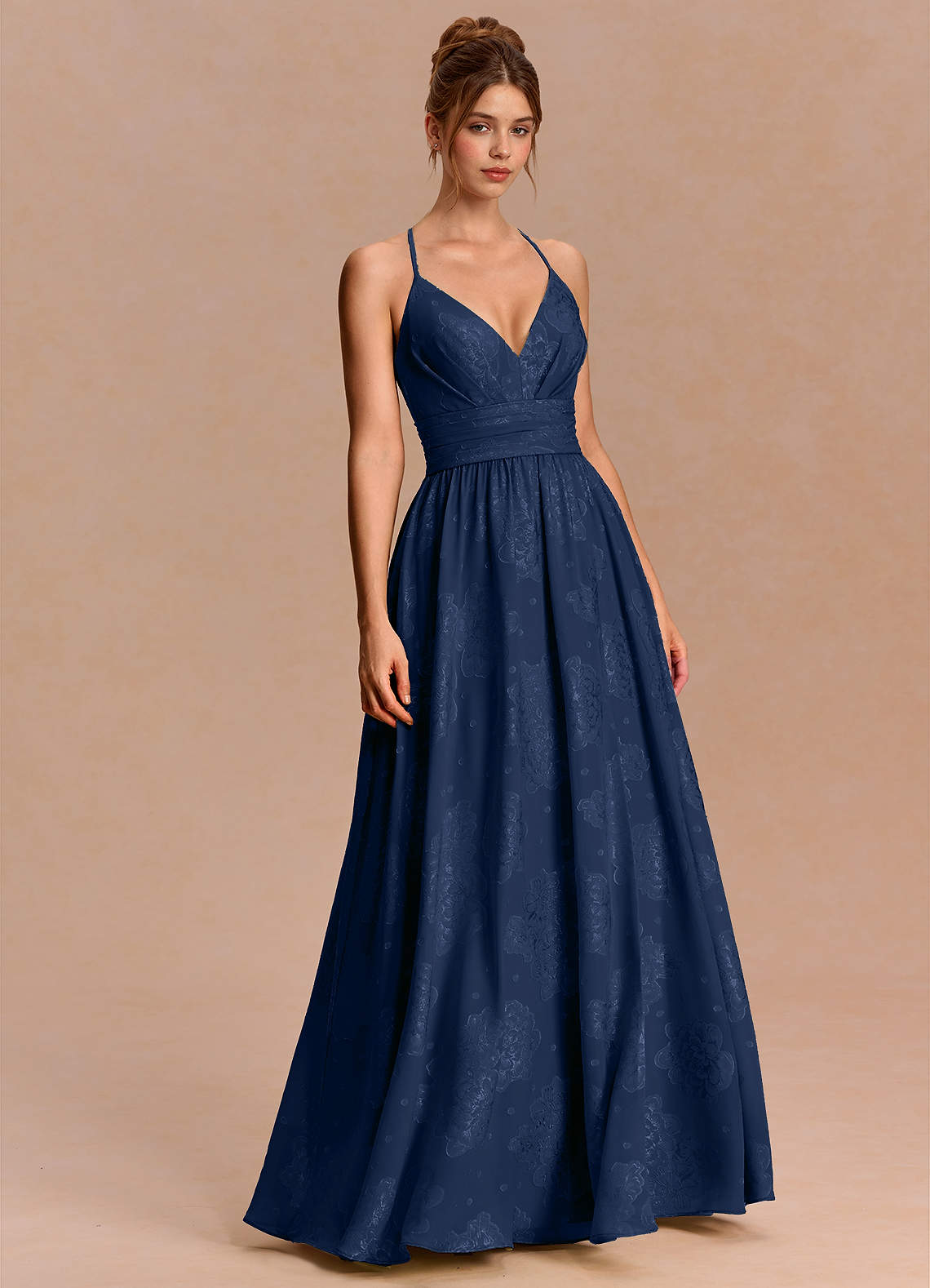 Anaëlle A-Line V-Neck Chiffon Burnout Evening Dress in Navy