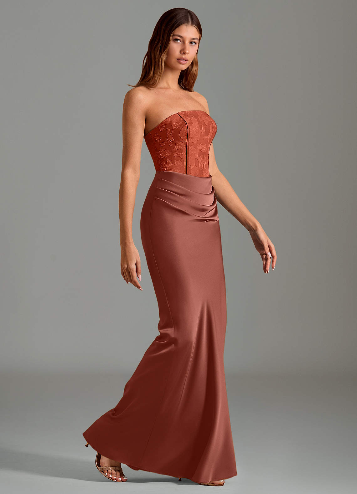 Emilia Mermaid Strapless Stretch Satin and Floral Burnout Bridesmaid Dress in Auburn