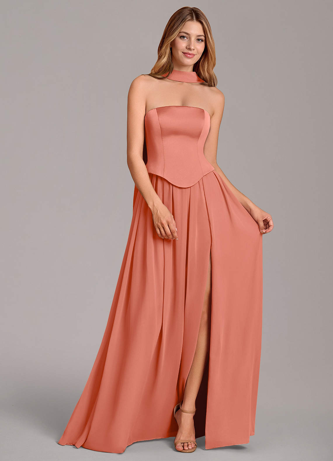 Cadence A-Line Strapless Chiffon and Stretch Satin Bridesmaid Dress in Salmon Pink
