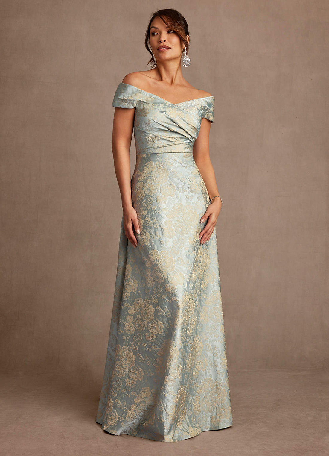 Beatrix A-Line Off-the-Shoulder Jacquard Mother of the Bride Dress in Vintage Blue