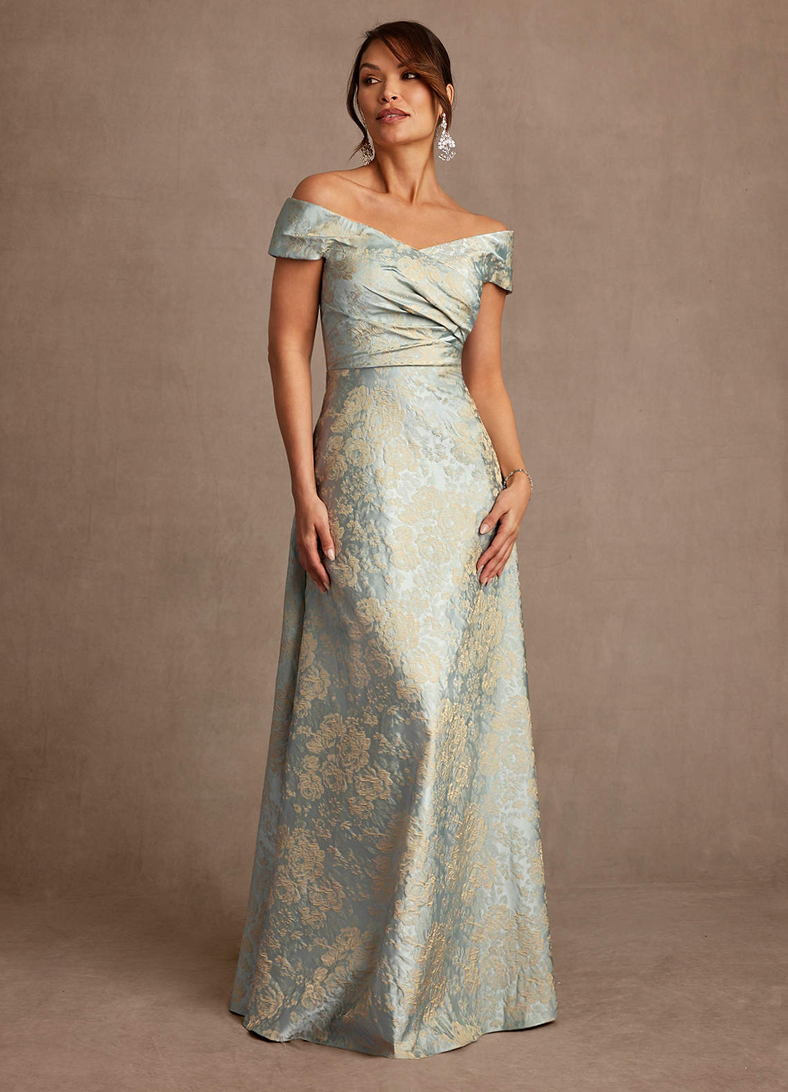 Beatrix A-Line Off-the-Shoulder Jacquard Mother of the Bride Dress in Vintage Blue