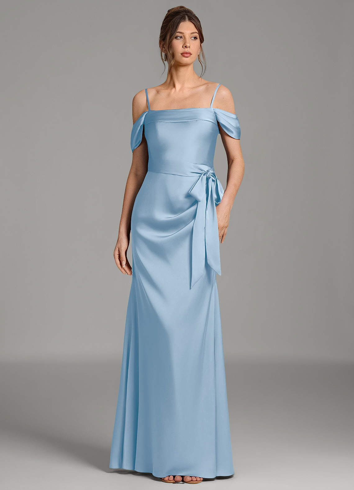 Wyatt Mermaid Off-the-Shoulder Stretch Satin Bridesmaid Dress in Powder Blue