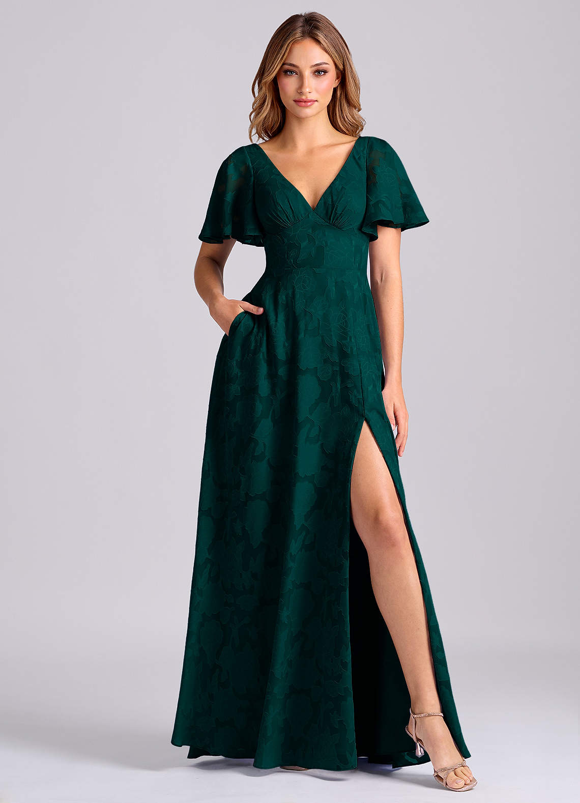 Kimber A-Line V-Neck Floral Burnout Bridesmaid Dress in Pine
