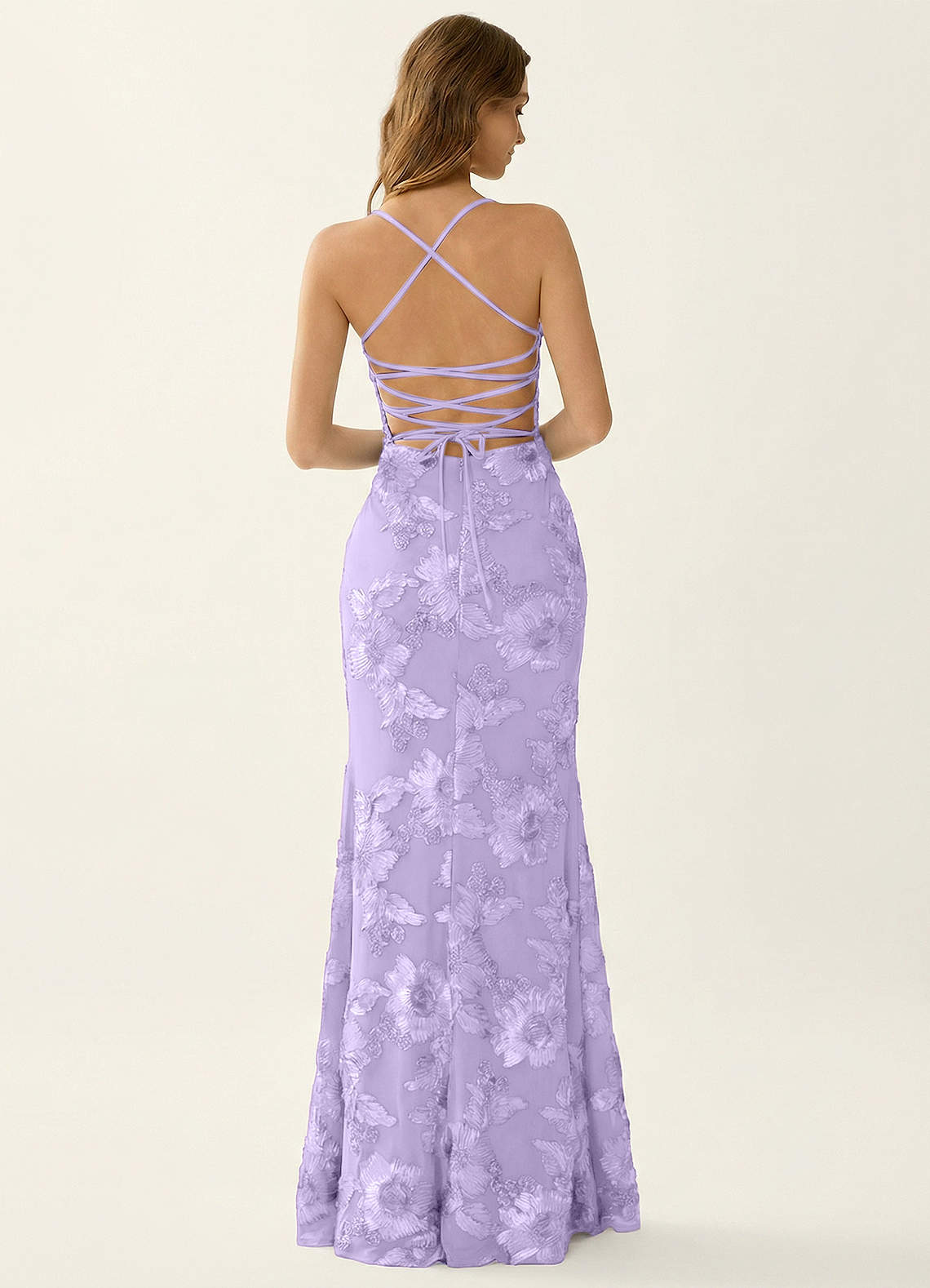 Kailani Mermaid Spaghetti-Strap Lace Evening Dress in Lilac