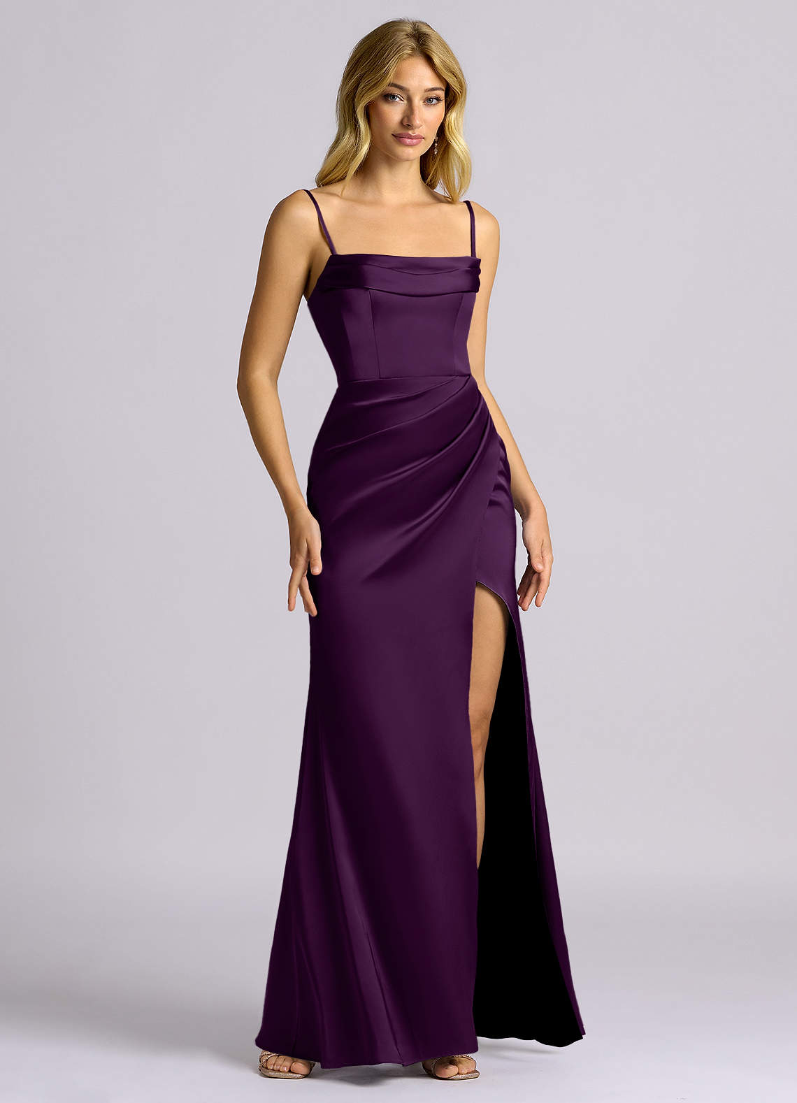 Auden Sheath Off-the-Shoulder Stretch Satin Bridesmaid Dress in Grape
