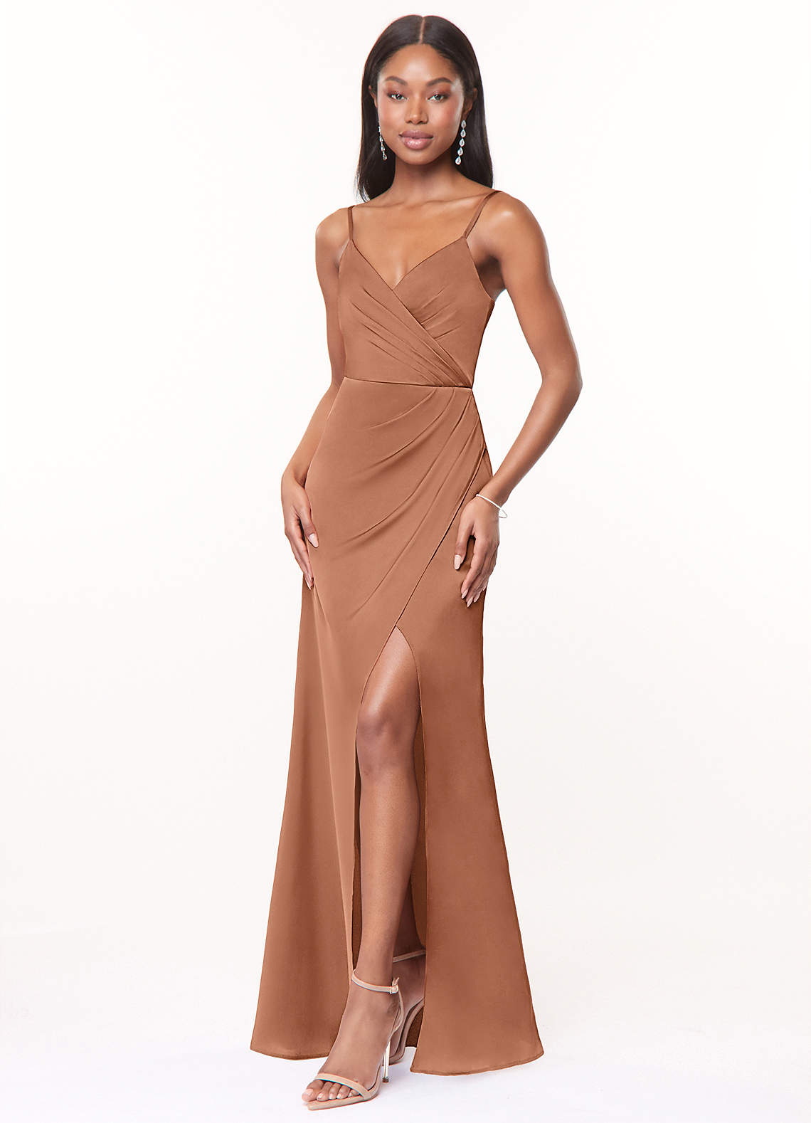 Maci A-Line V-Neck Stretch Satin Bridesmaid Dress in Bronzer