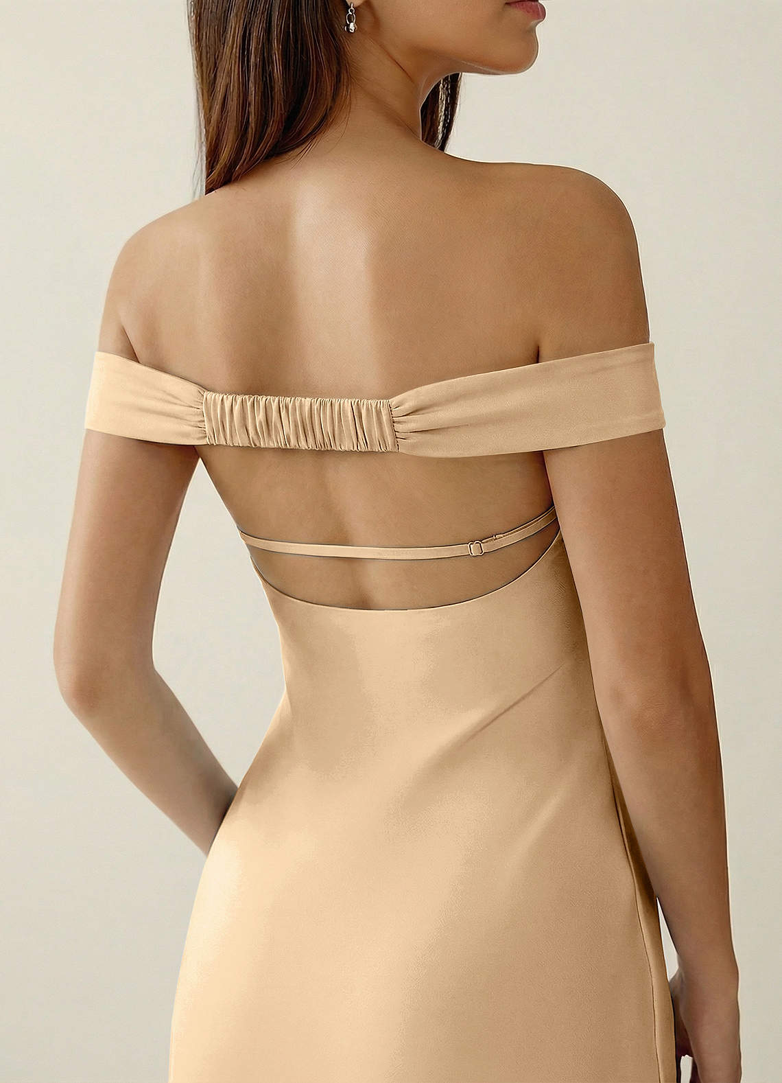 Gwendonme Sheath Off-the-Shoulder Satin Crystal Linen Evening Dress in Champagne