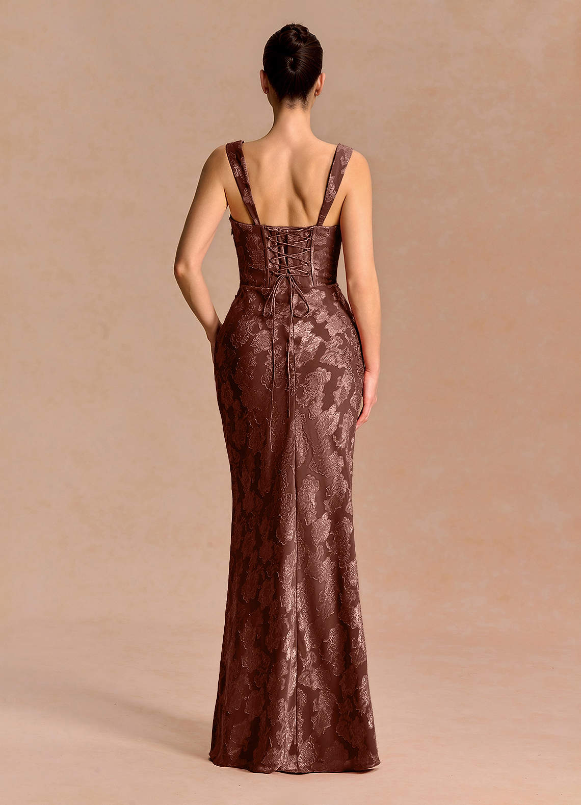 Agustina Square-Neck Pleated Fil Coupé Evening Dress in Mocha Coco