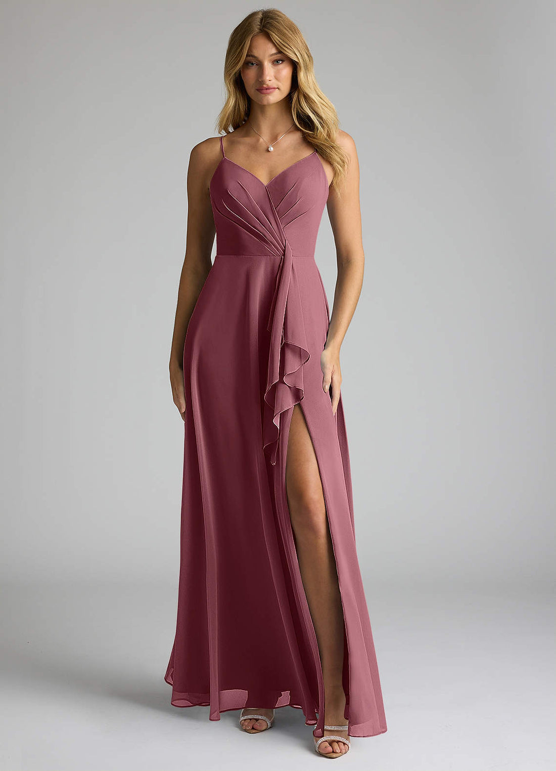 Akita A-Line V-Neck Chiffon Bridesmaid Dress in Desert Rose