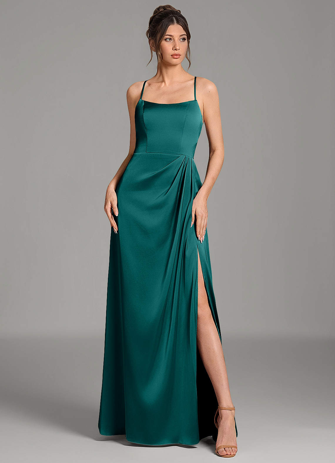 Frankie A-Line Scoop-Neck Stretch Satin Bridesmaid Dress in Peacock