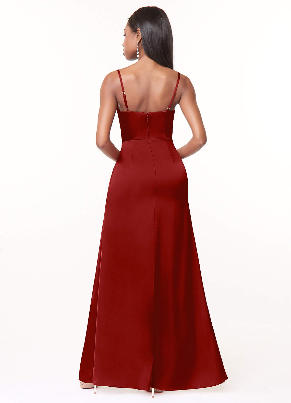 Maci A-Line V-Neck Stretch Satin Bridesmaid Dress in Pomegranate