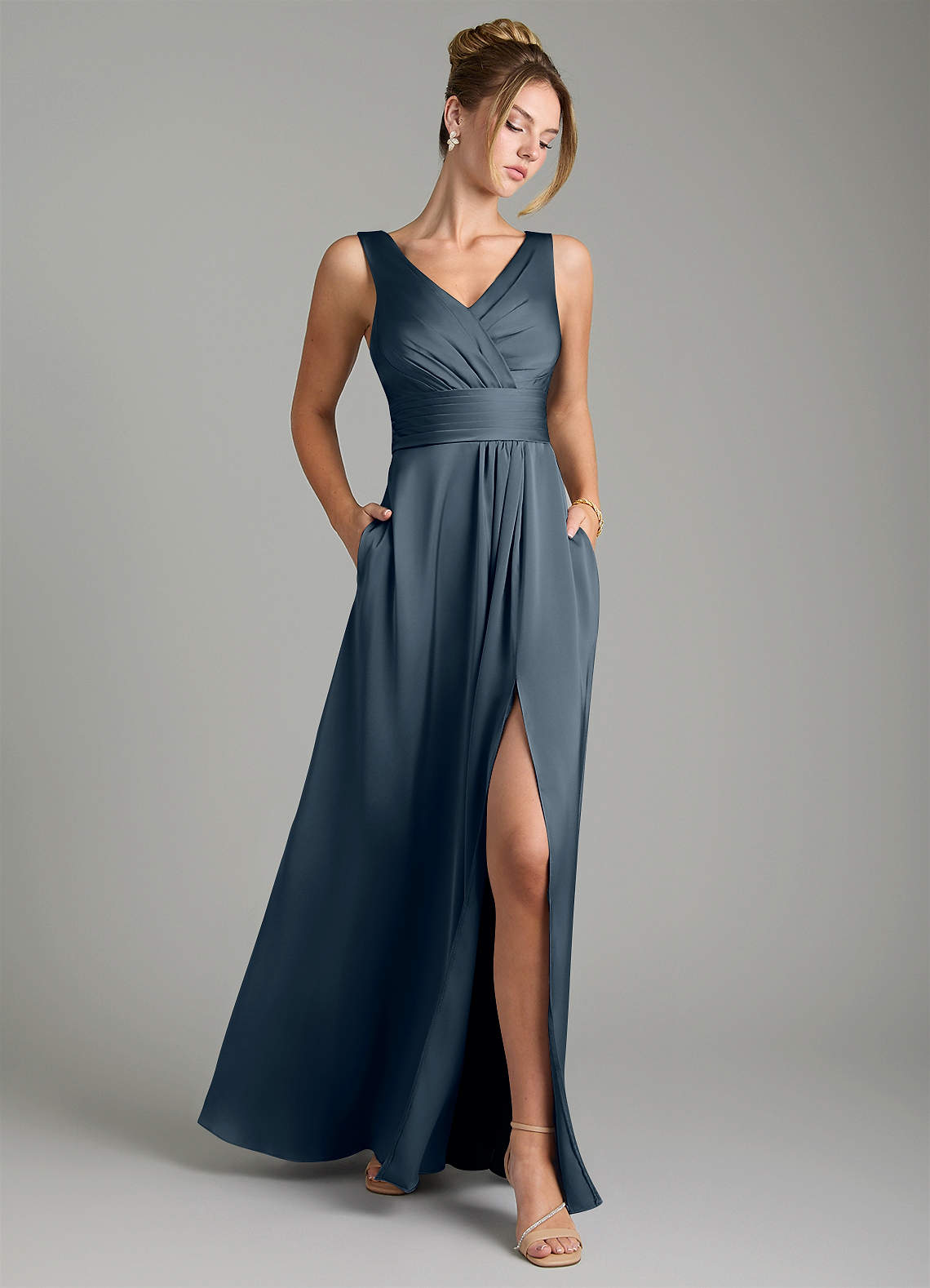 Karina A-Line V-Neck Stretch Satin Bridesmaid Dress in Twilight