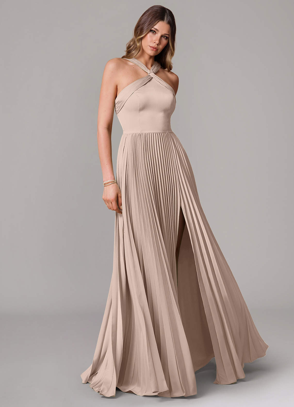 Afra A-Line Halter-Neck Stretch Satin Bridesmaid Dress in English Rose