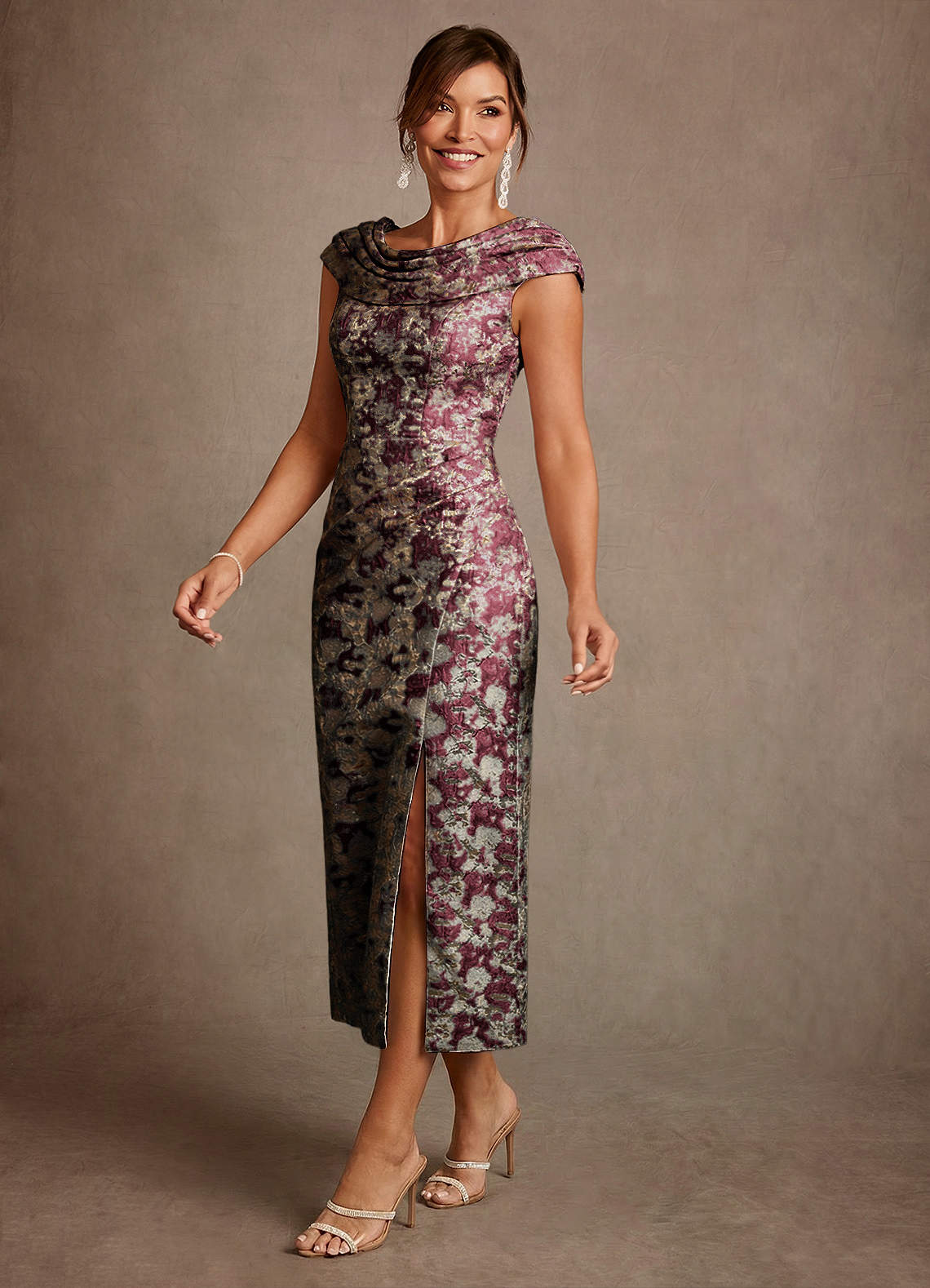 Alpine A-Line Scoop-Neck Jacquard Mother of the Bride Dress in Cabernet