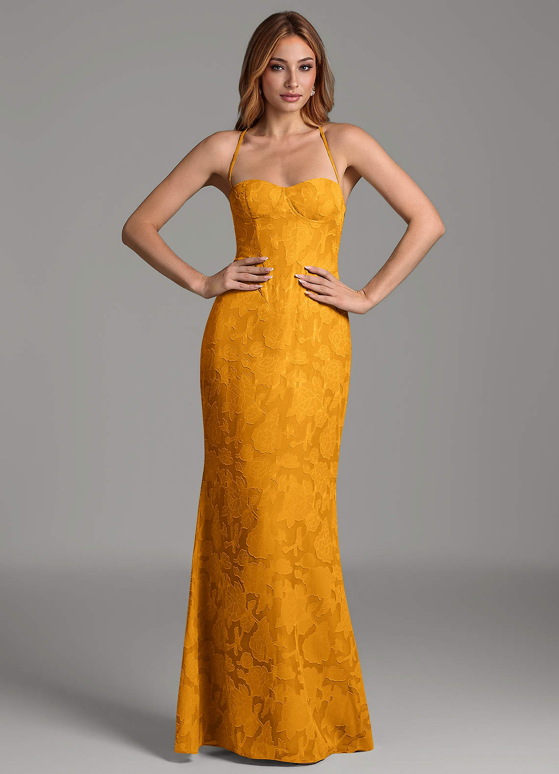 Dara Mermaid Sweetheart Floral Burnout Bridesmaid Dress in butterscotch