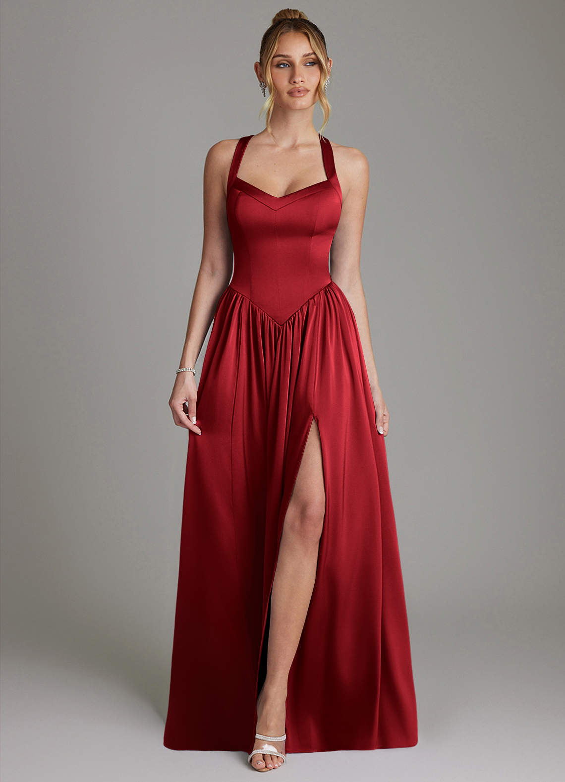 Francis A-Line V-Neck Stretch Satin Bridesmaid Dress in Scarlet