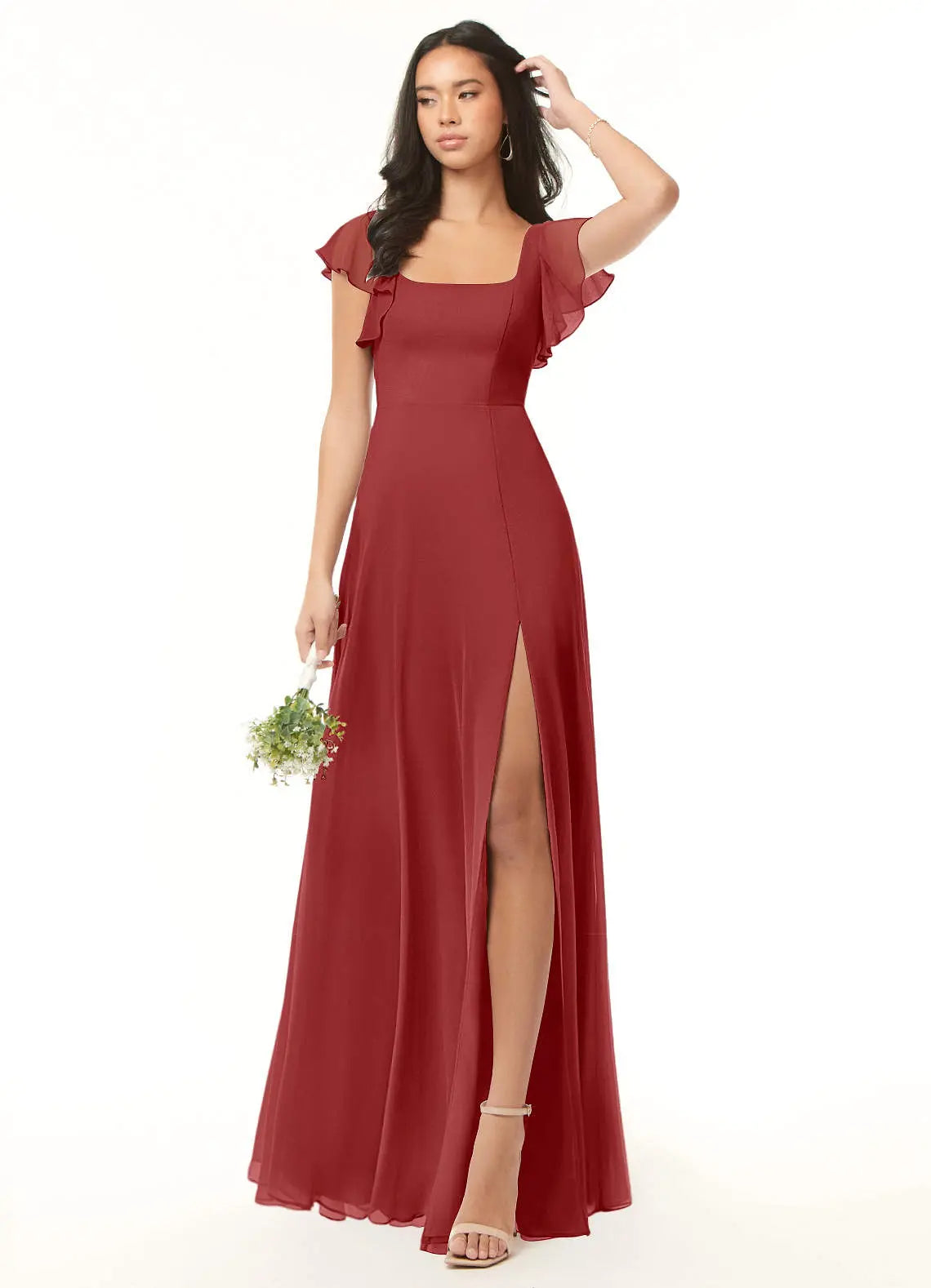 Bondi A-Line Square-Neck Chiffon Bridesmaid Dress in Rust
