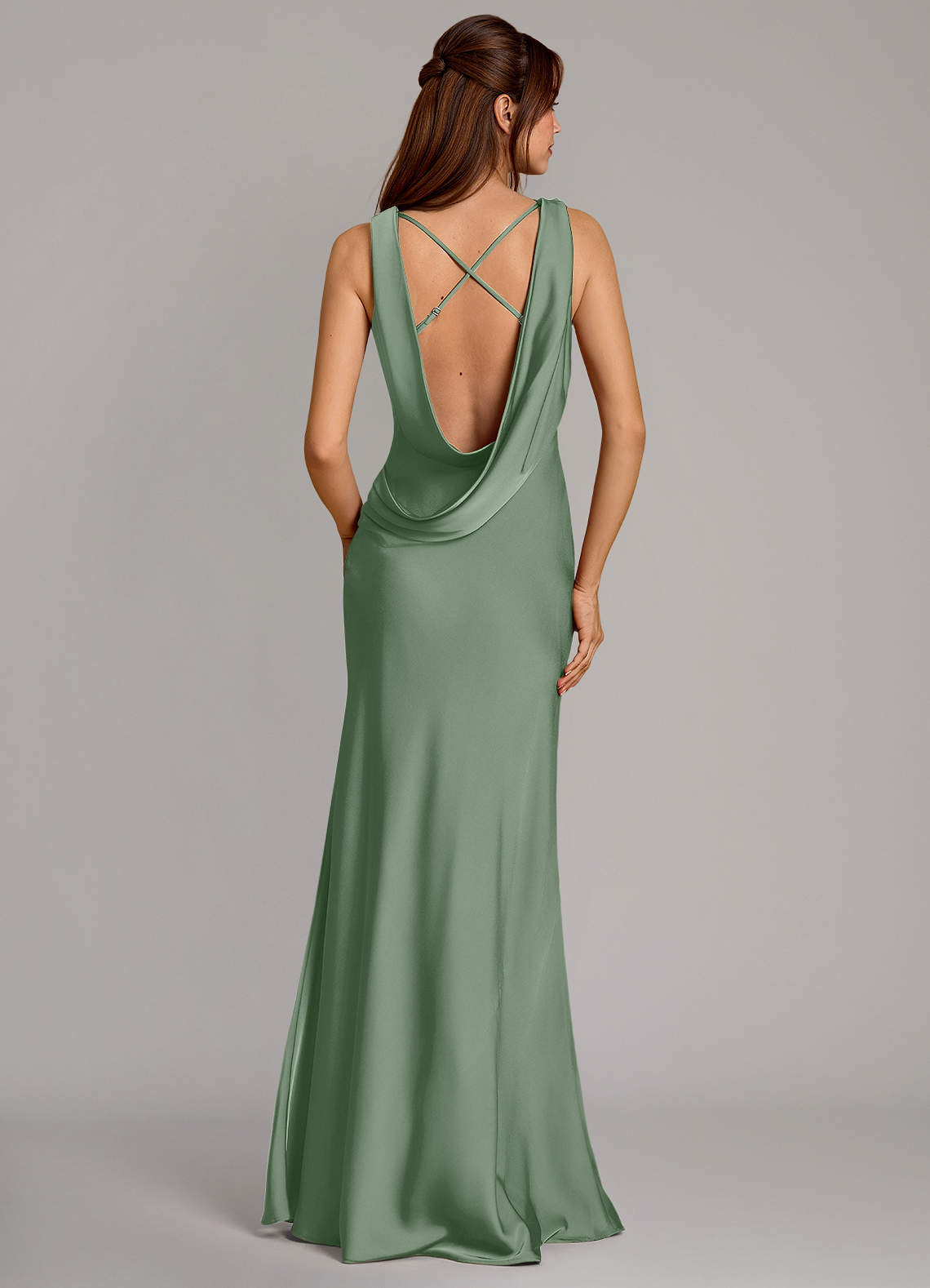 Cheryl Mermaid Cowl-Neck Stretch Satin Bridesmaid Dress in Matcha