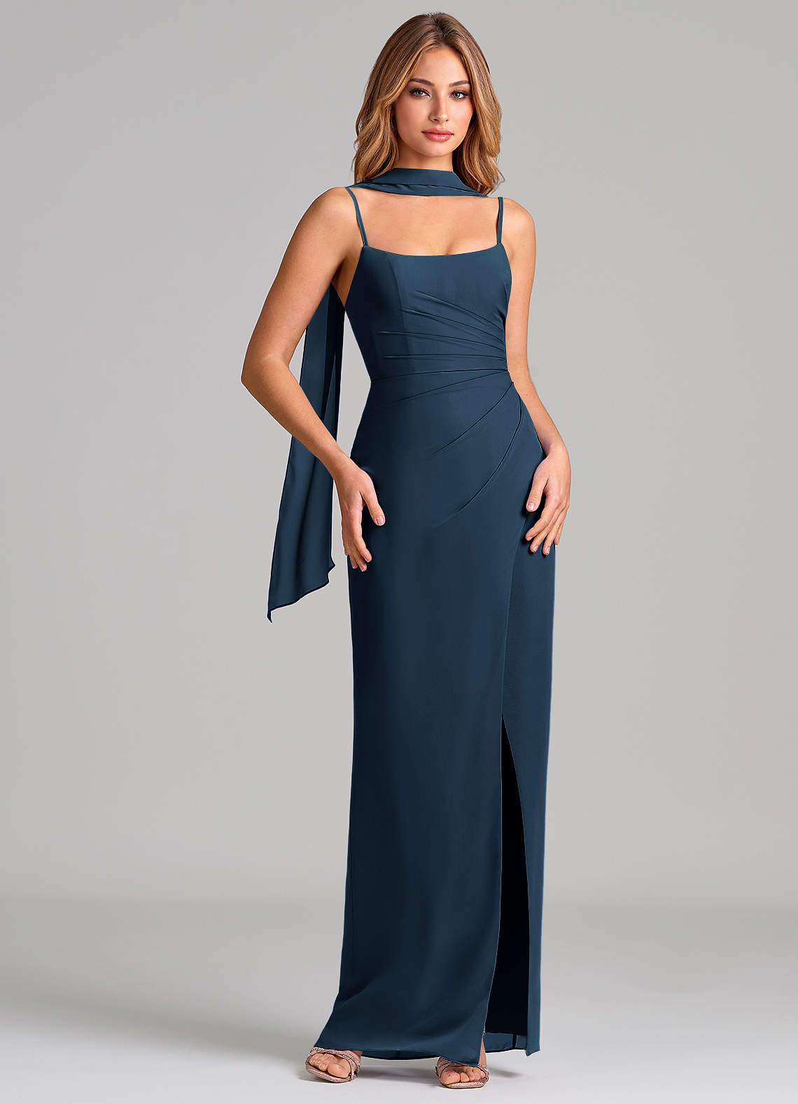 Calandra Sheath Scoop-Neck Chiffon Bridesmaid Dress in Dark Navy